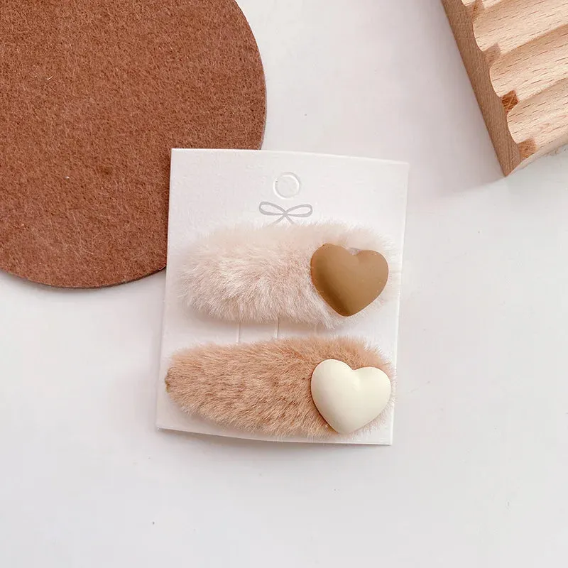 2 Piece Fuzzy Heart Hair Clip Set