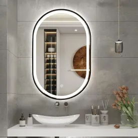 Alfa Design LED Mirror Bathroom Mirror, Oval Metal Framed Vanity Mirror, Wall Mirror with 3-Color Adjustable Warm, Natural, White Light, Framed Black - 24 x16 Inches