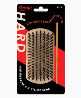 Annie Hard Wood Military Boar Bristle Brush With 5 Styling Comb 4.8in 2118