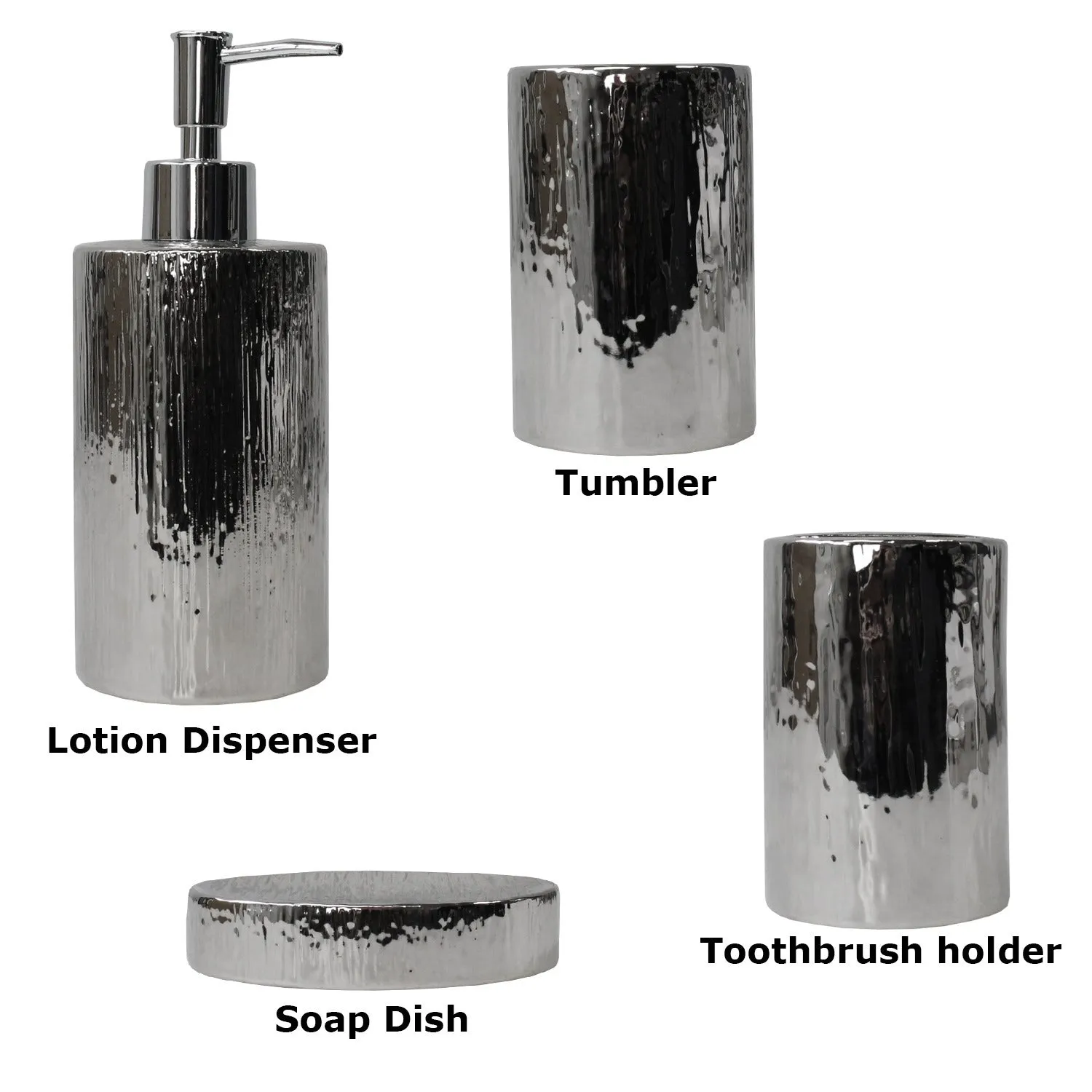 Bathroom Accessories Set, Toothbrush Holder, Soap Dispenser, Silver, Ceramic, 4 Piece