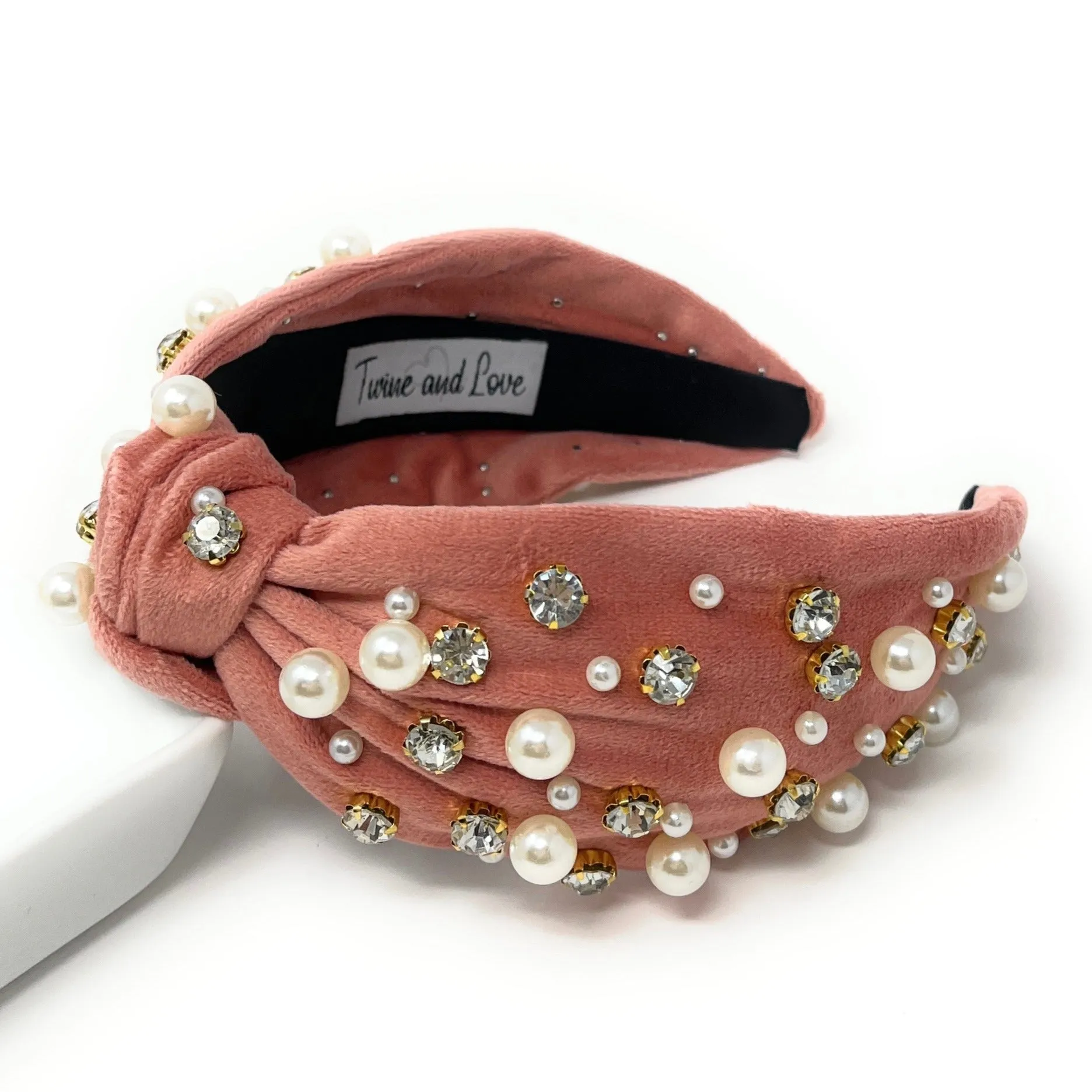 Blush Velour Pearl Jeweled Knot Headband