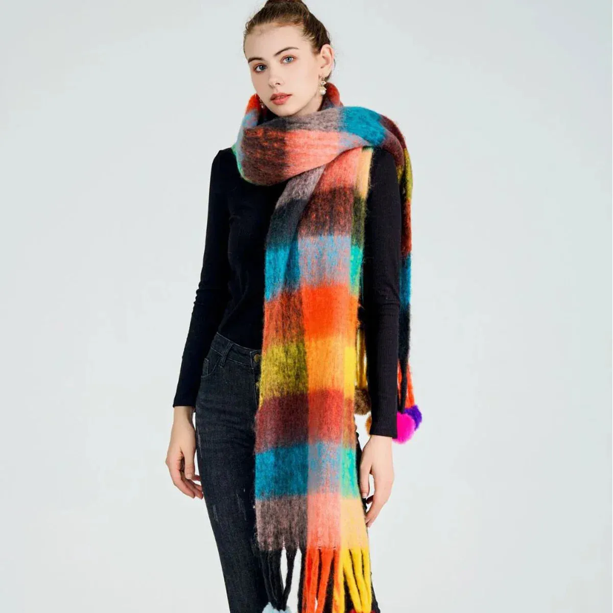 Cashmere Thick Warm Blanket Colorful Plaid with Long Tassels Soft Wrap Scarf