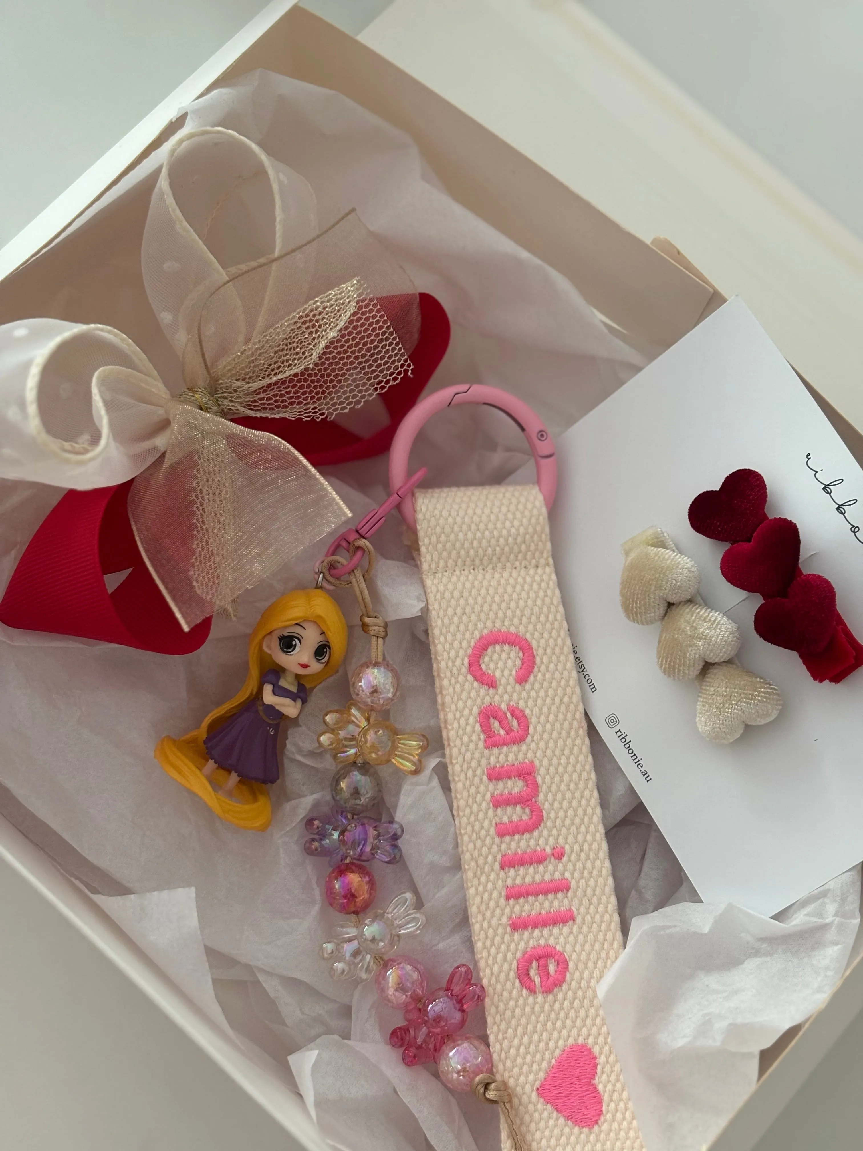 Christmas Gift Set | Handmade Bows & Personalised Embroidered Name Keyring | Ready-to-Gift with Ribbon for Girls