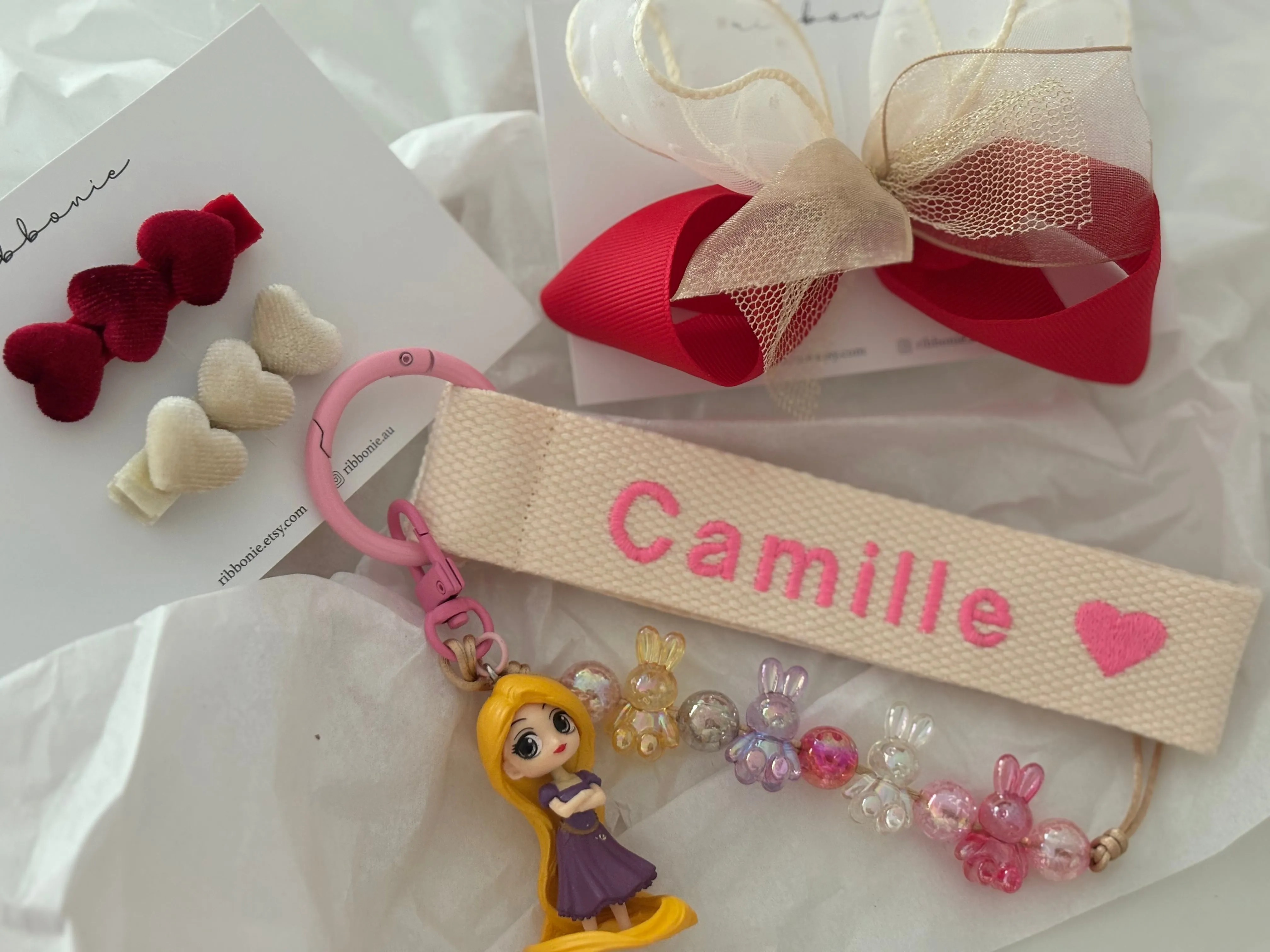 Christmas Gift Set | Handmade Bows & Personalised Embroidered Name Keyring | Ready-to-Gift with Ribbon for Girls