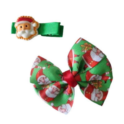 Christmas hair accessories - Bow and clip set Green Santa