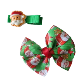 Christmas hair accessories - Bow and clip set Green Santa