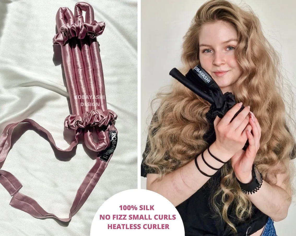 Classic Small size  Long Silk Heatless hair curler ribbon with ties, Curling rod and Scrunchie set for tight curls