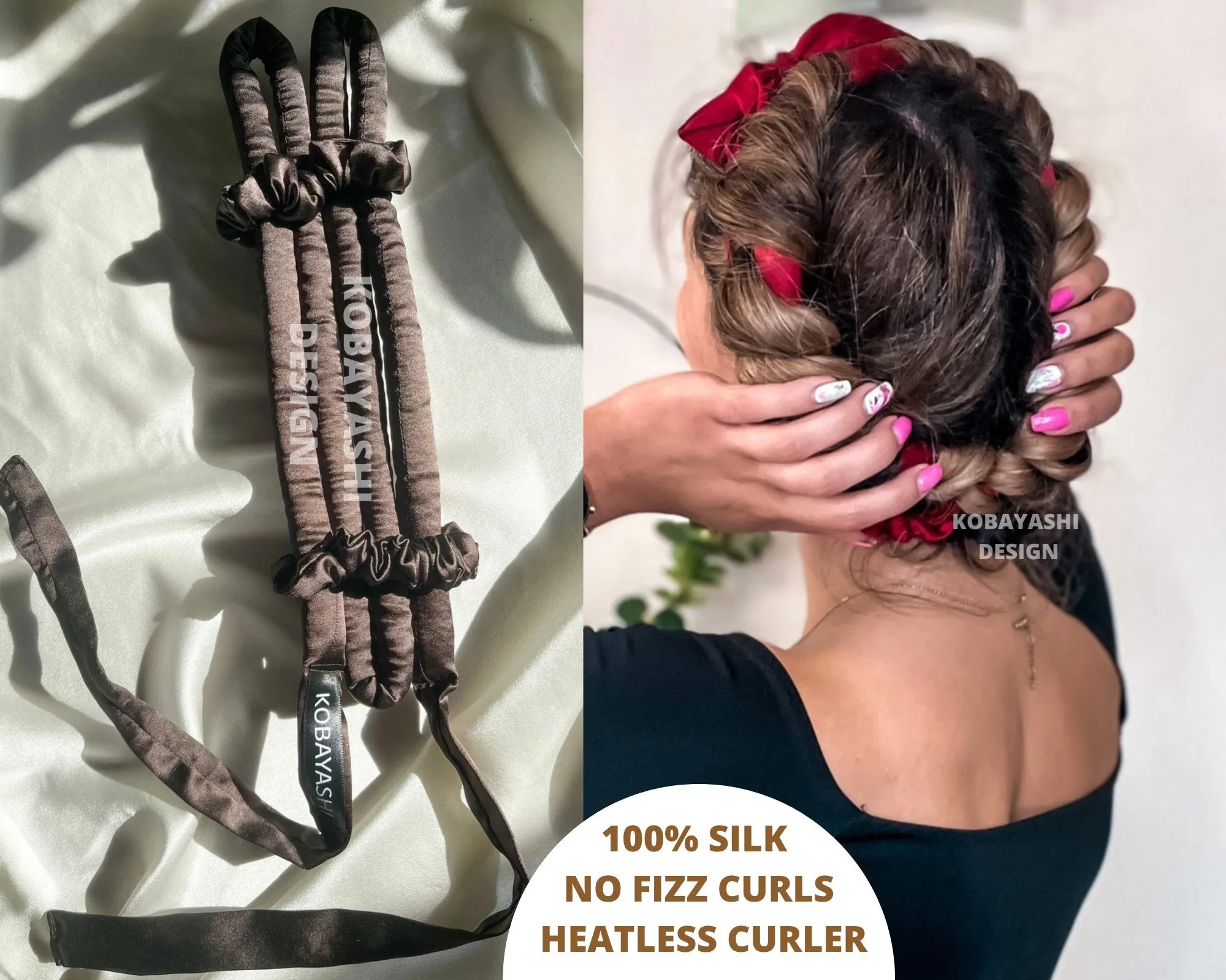 Classic Small size  Long Silk Heatless hair curler ribbon with ties, Curling rod and Scrunchie set for tight curls