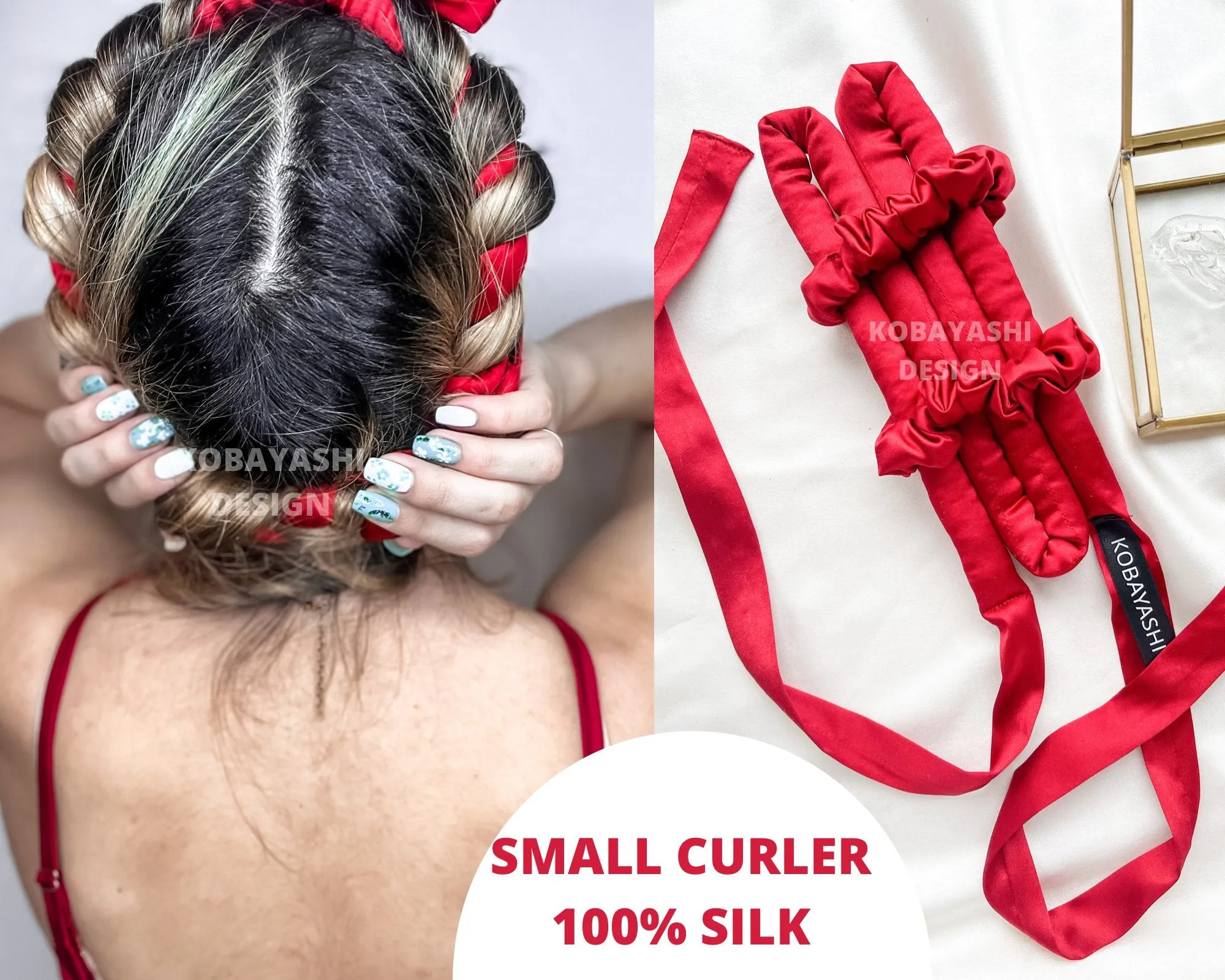 Classic Small size  Long Silk Heatless hair curler ribbon with ties, Curling rod and Scrunchie set for tight curls