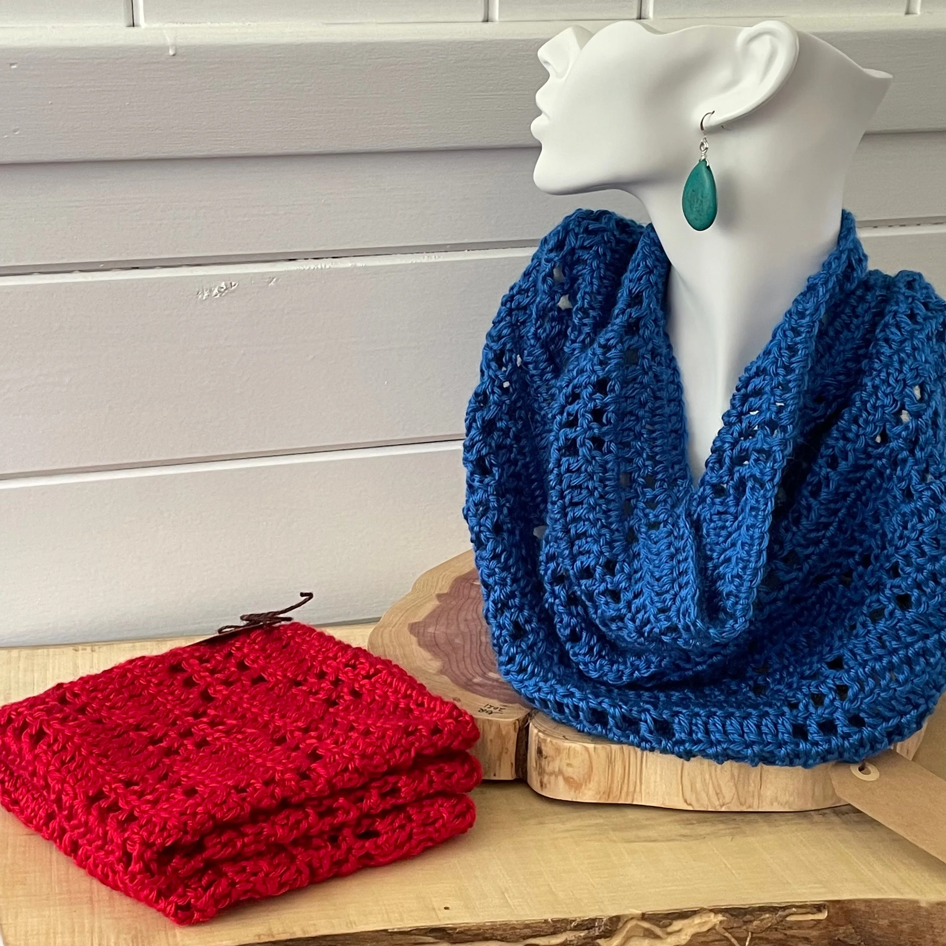 Cobalt Blue Crochet Knit Cowl Scarf Extra Soft Unisex Handmade Bold Infinity Scarves Fall Winter Vintage Retro Style Handmade Gift Accessory Men Women