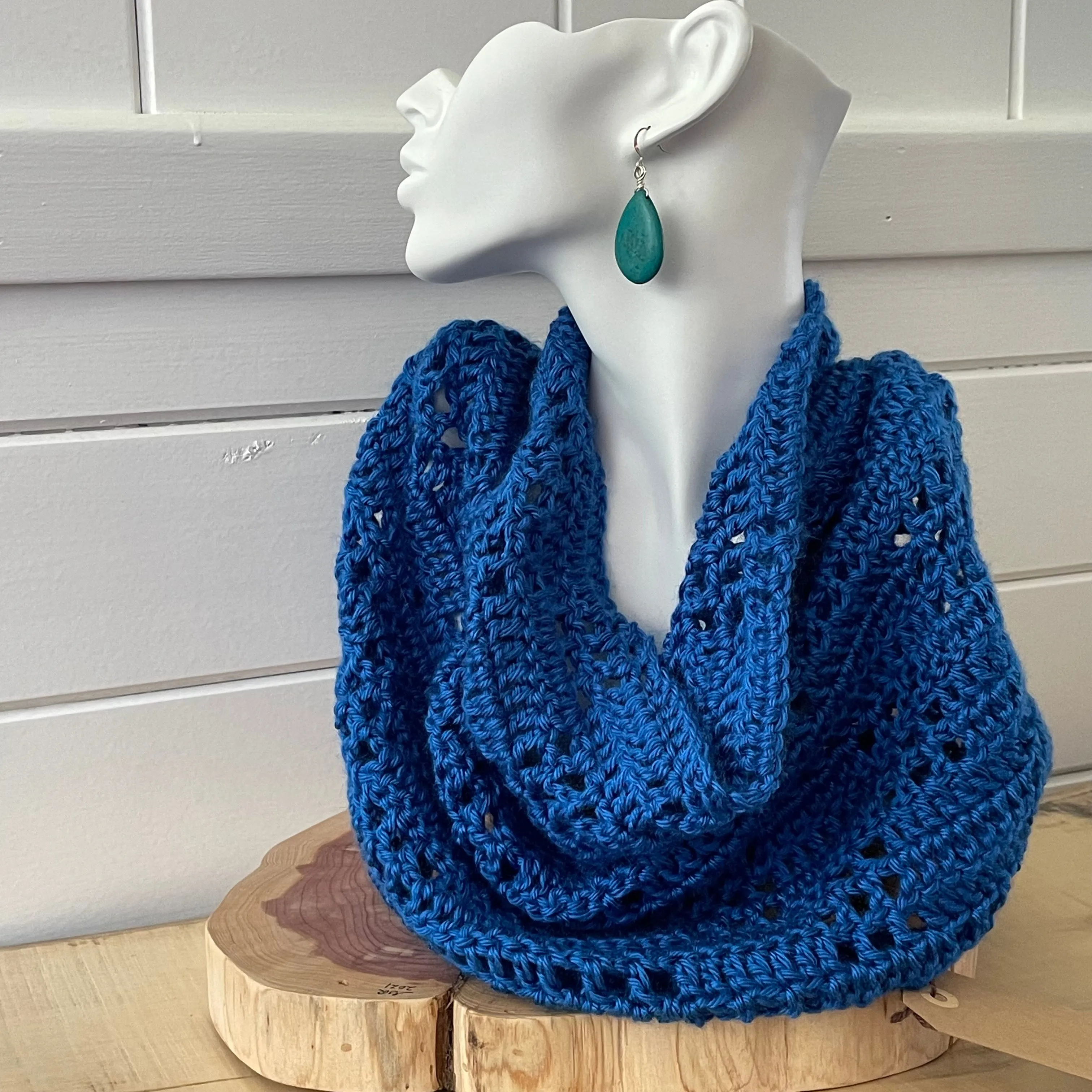 Cobalt Blue Crochet Knit Cowl Scarf Extra Soft Unisex Handmade Bold Infinity Scarves Fall Winter Vintage Retro Style Handmade Gift Accessory Men Women