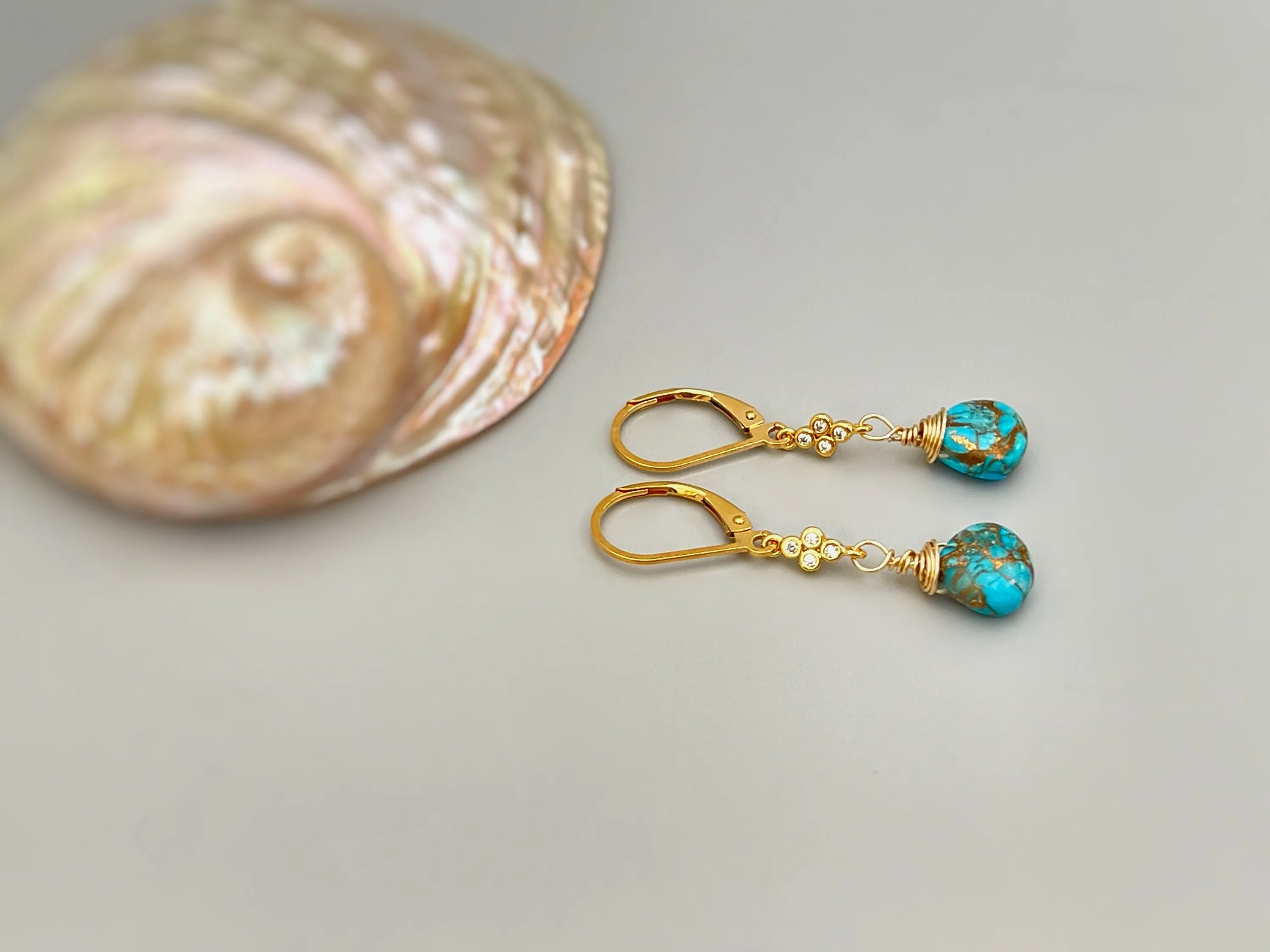 Dainty Copper Turquoise Earrings dangle Gold, Crystal , Silver leverback dangly earrings