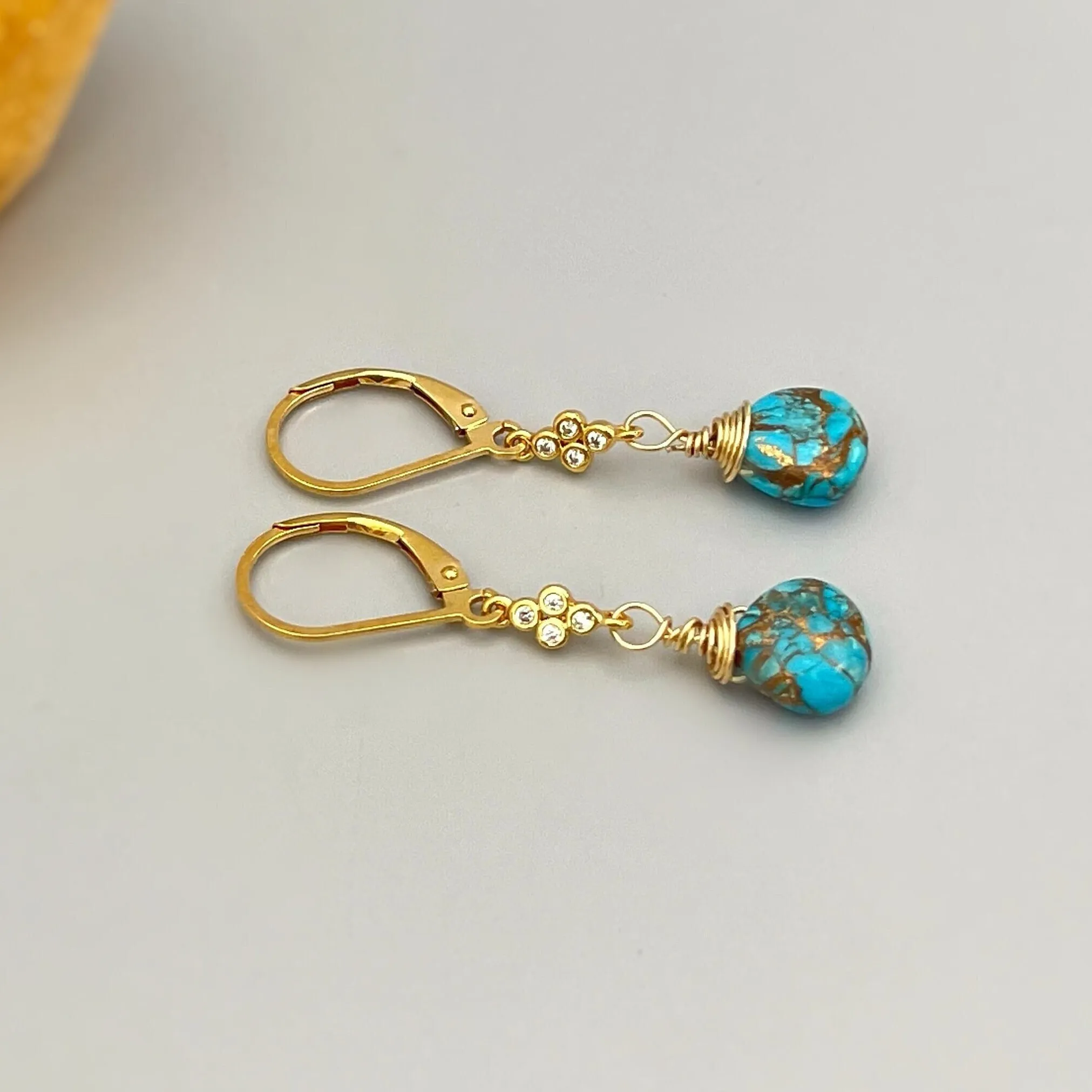 Dainty Copper Turquoise Earrings dangle Gold, Crystal , Silver leverback dangly earrings