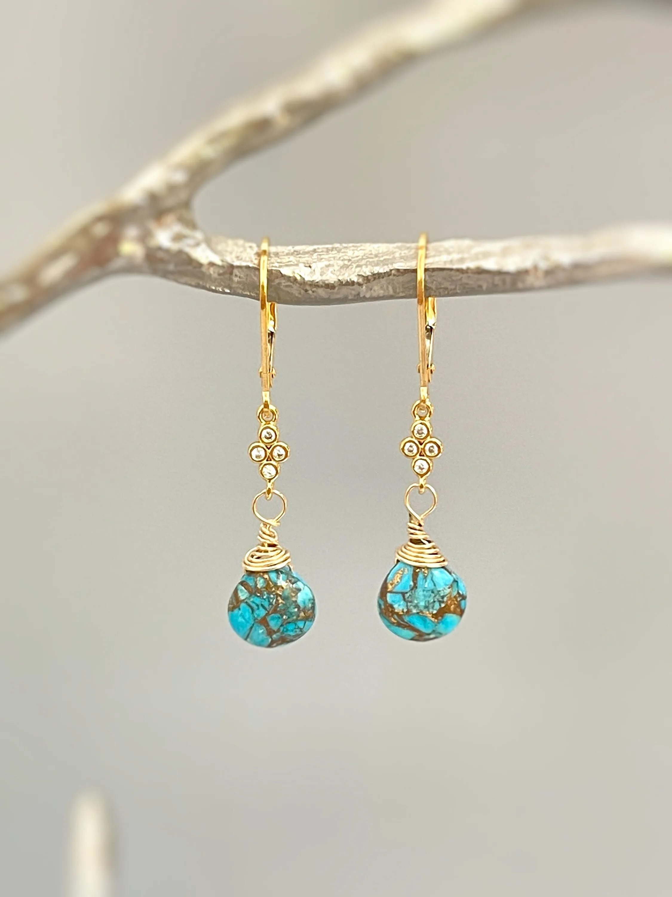 Dainty Copper Turquoise Earrings dangle Gold, Crystal , Silver leverback dangly earrings