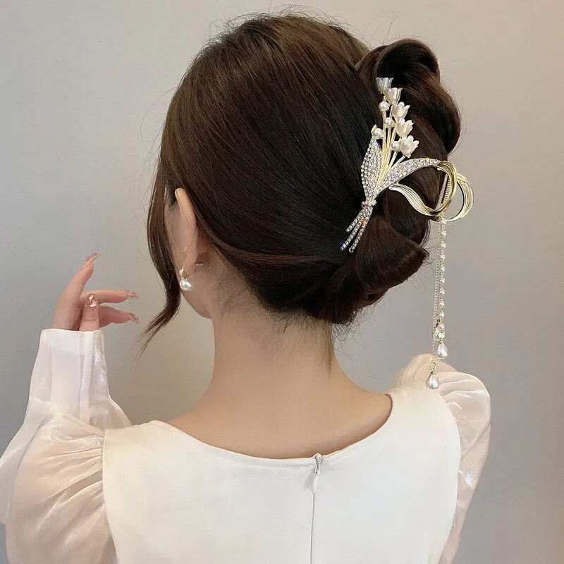 Dazzling Rhinestone Tassel Hair Claw Clips For Women