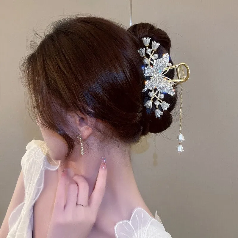 Dazzling Rhinestone Tassel Hair Claw Clips For Women