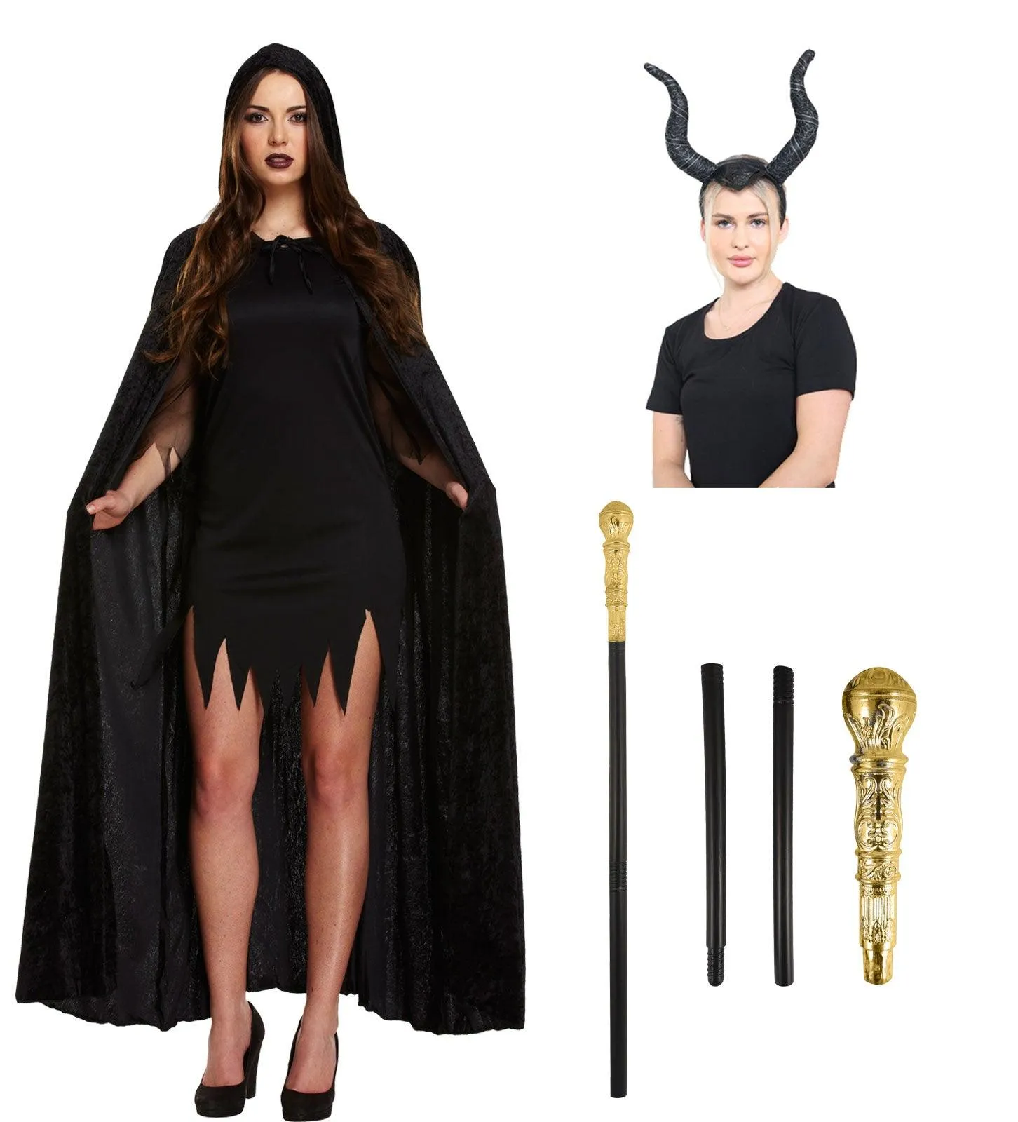 Elegant Black Velvet Hooded Cape, Fairytale Witch Horns Headband & Gold Pimp Cane Halloween Witch Costume Set.