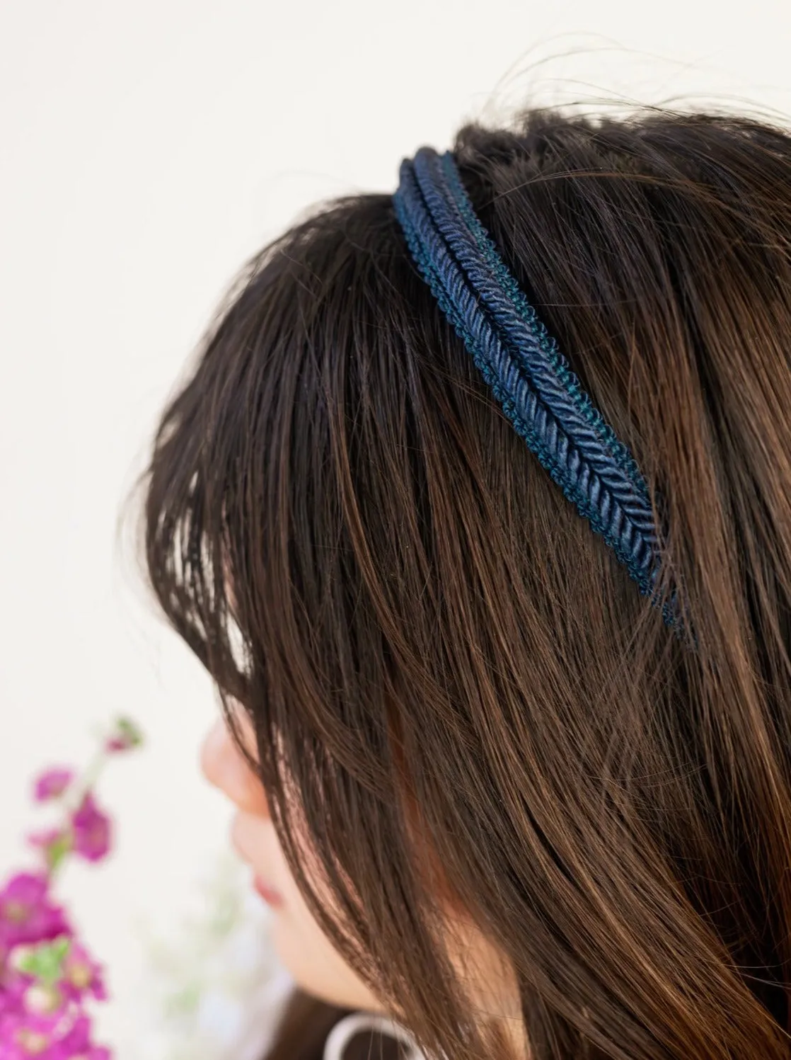 Esther Skinny Fishtail Headband Navy Blue Textured Weave