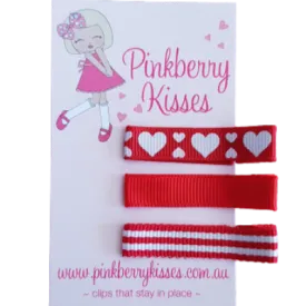 Everyday Non Slip Hair Clips - Hearts on Red