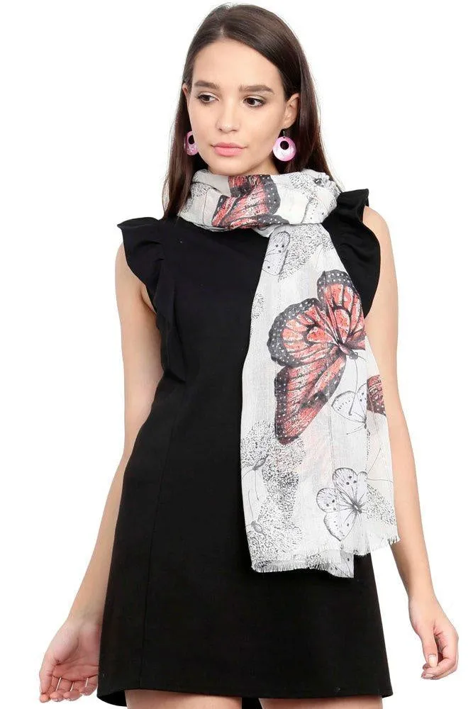 FabSeasons White Viscose Butterfly Printed Soft & Stylish Scarf