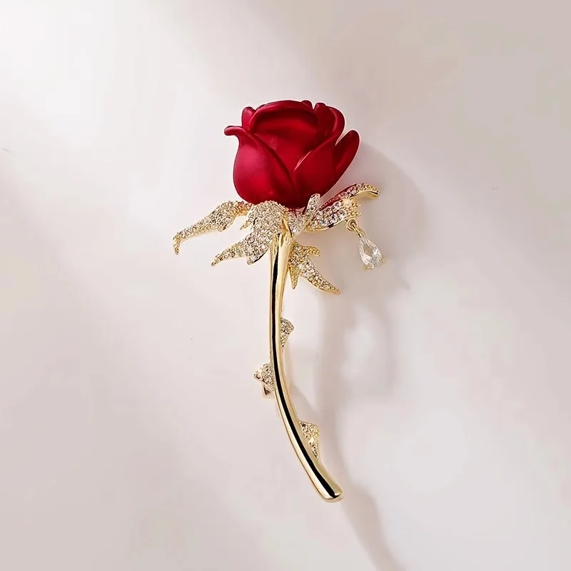 Fashion Unique And Exquisite Flashing Rhinestone Red Rose Water Drop Brooch Corsage Fixed Clothes Pin High-End Accessories