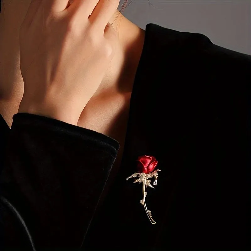 Fashion Unique And Exquisite Flashing Rhinestone Red Rose Water Drop Brooch Corsage Fixed Clothes Pin High-End Accessories