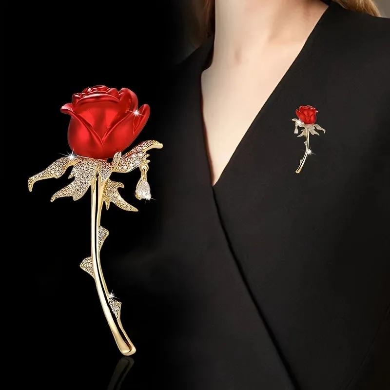 Fashion Unique And Exquisite Flashing Rhinestone Red Rose Water Drop Brooch Corsage Fixed Clothes Pin High-End Accessories