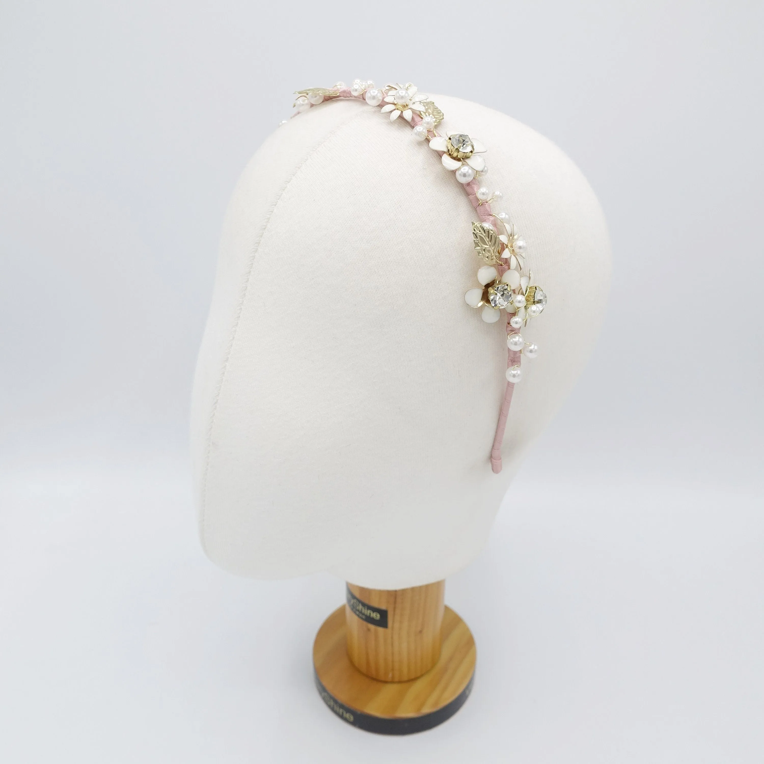 flower bridal headband  metal petal pearl embellished hairband for women