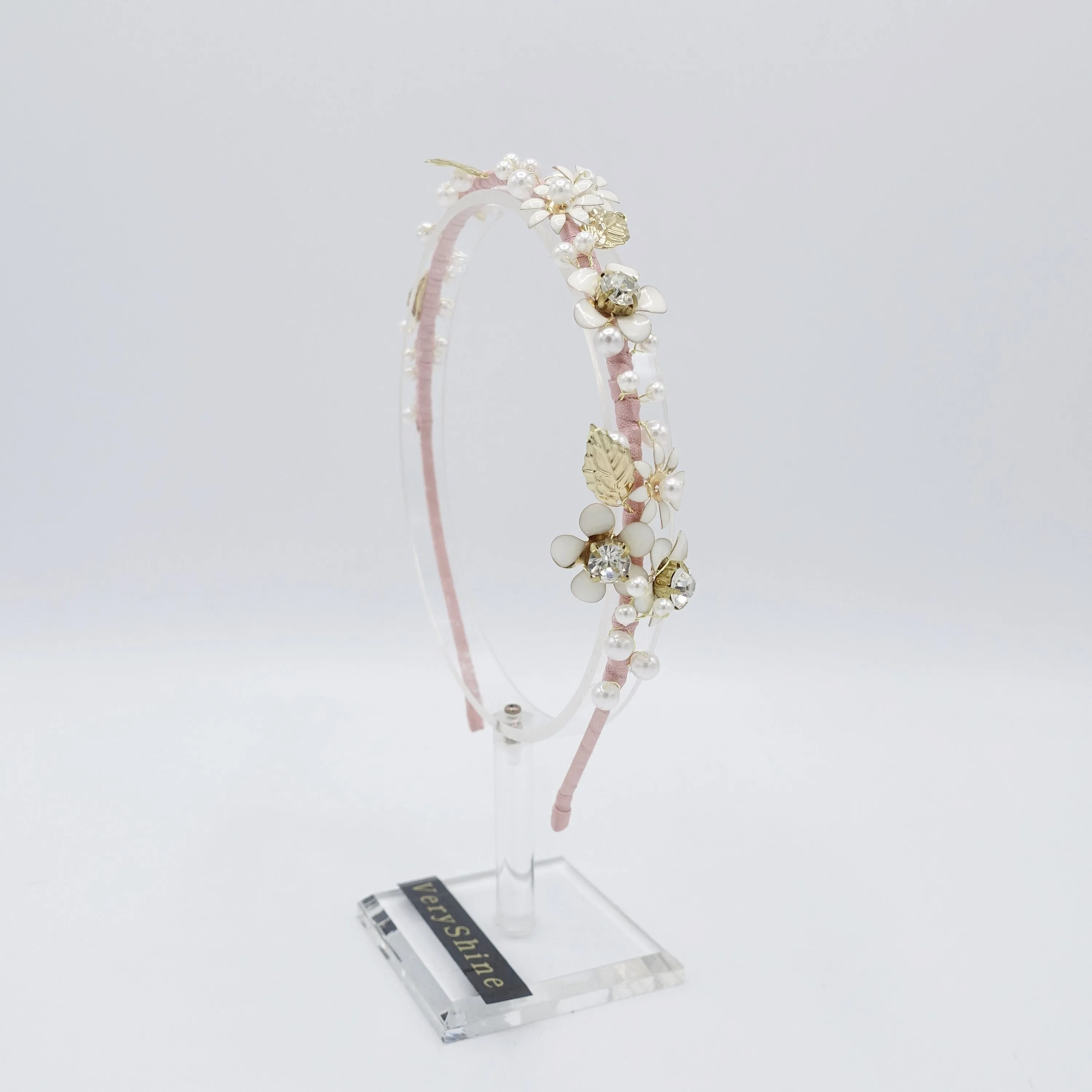 flower bridal headband  metal petal pearl embellished hairband for women