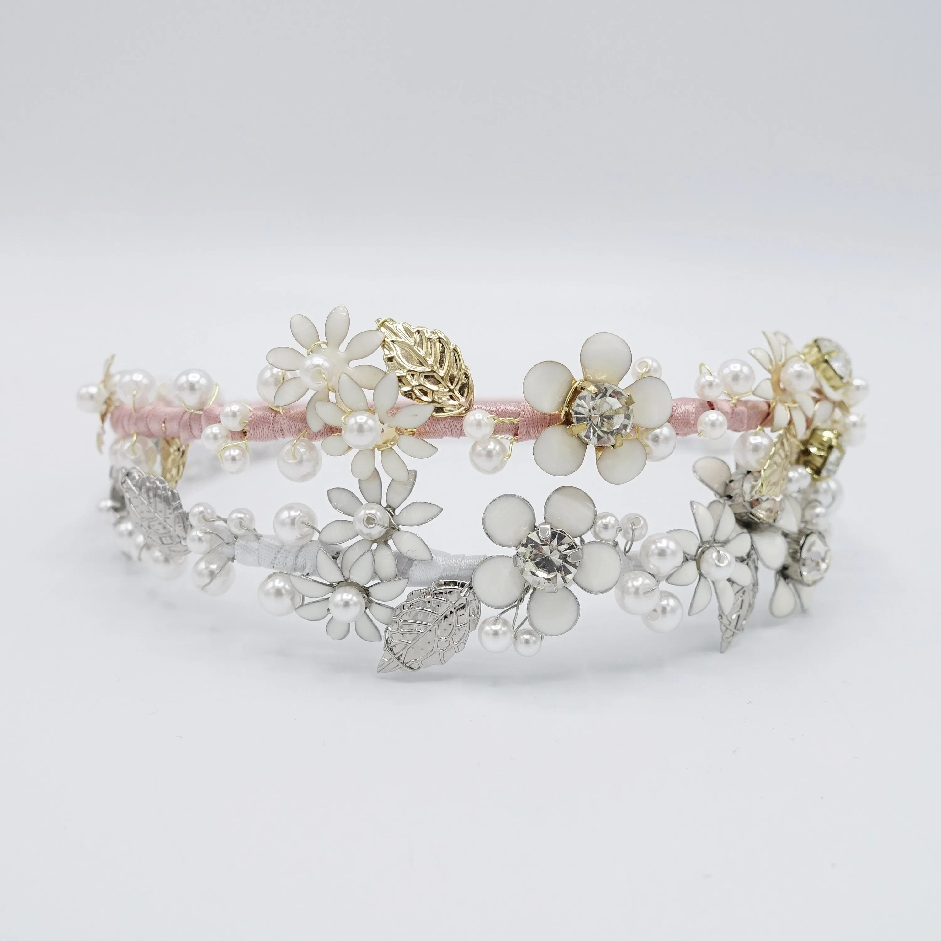 flower bridal headband  metal petal pearl embellished hairband for women