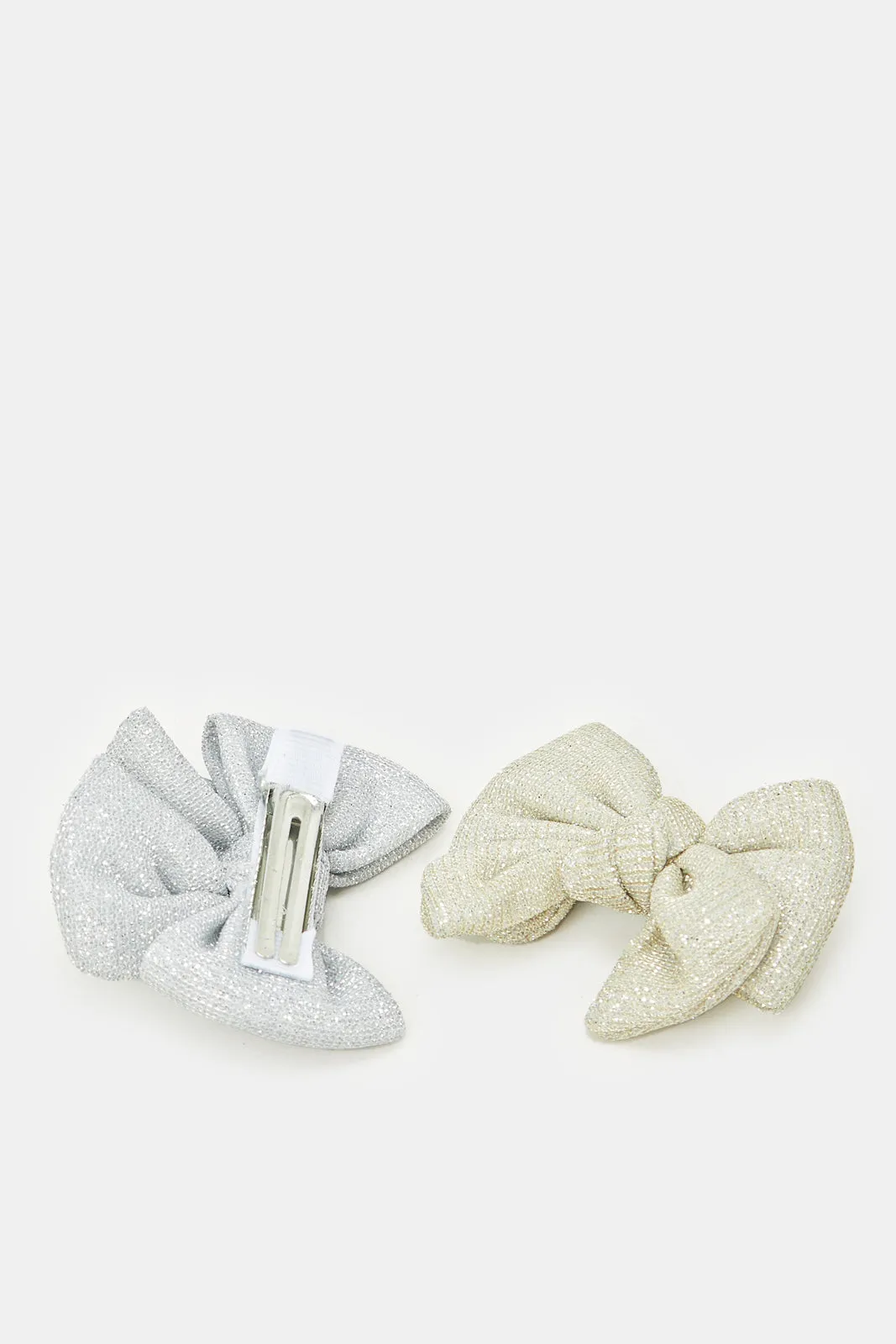 Girls Beige And Silver Glitter Bow Hair Clip (2 Piece)