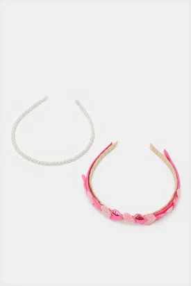 Girls White And Pink Embellished Headband Set (2 Piece)