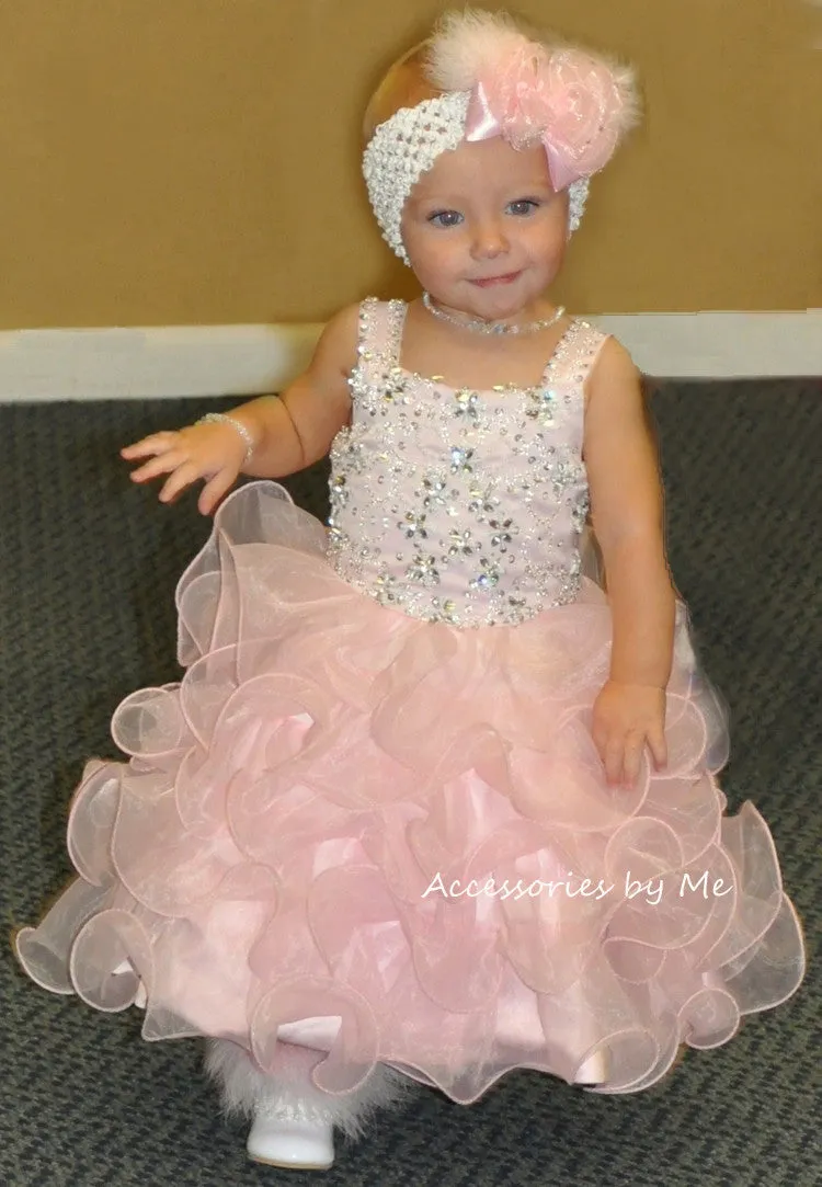 Glitzy Pink White Marabou Crochet Headband