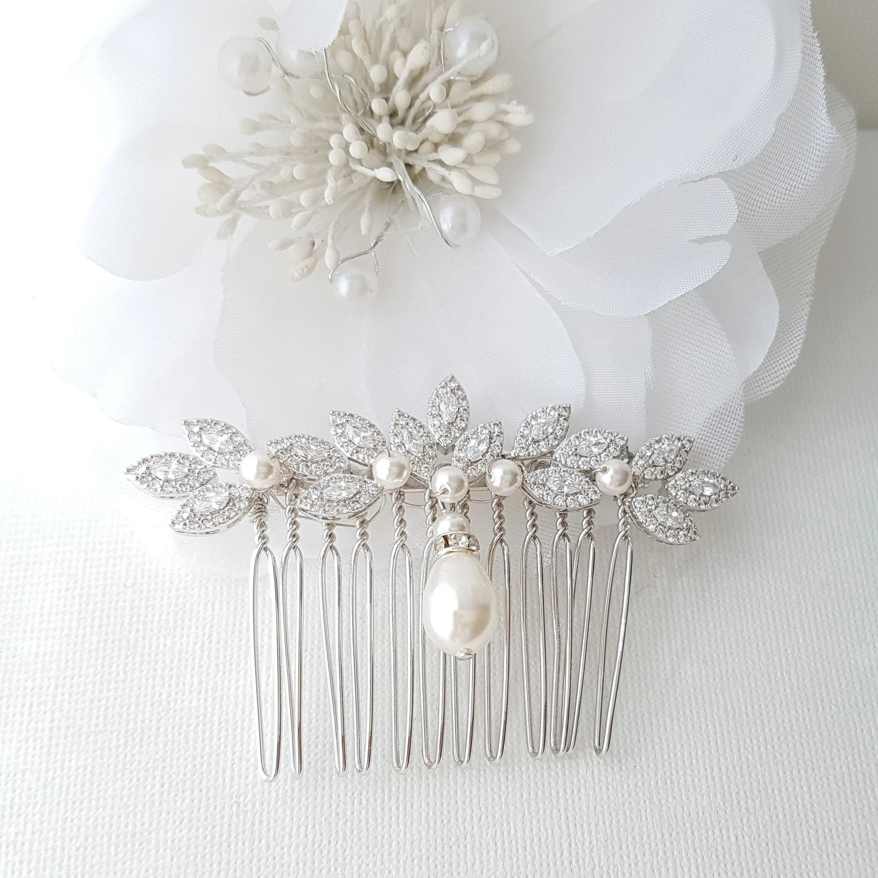 Gold Hair Comb for Weddings with Pearl & Crystals-Abby