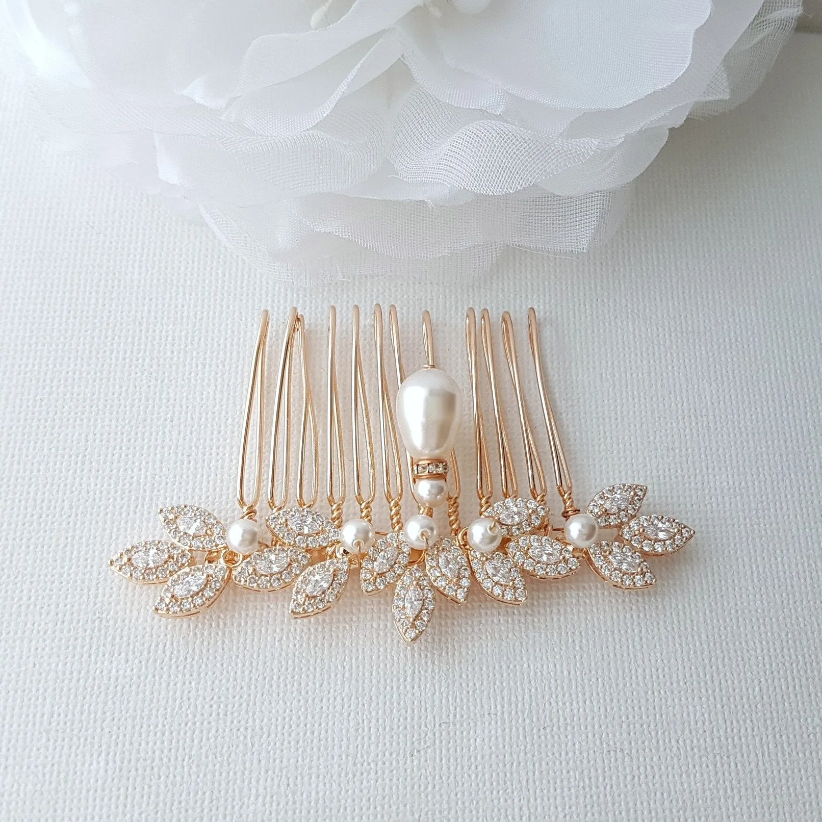 Gold Hair Comb for Weddings with Pearl & Crystals-Abby