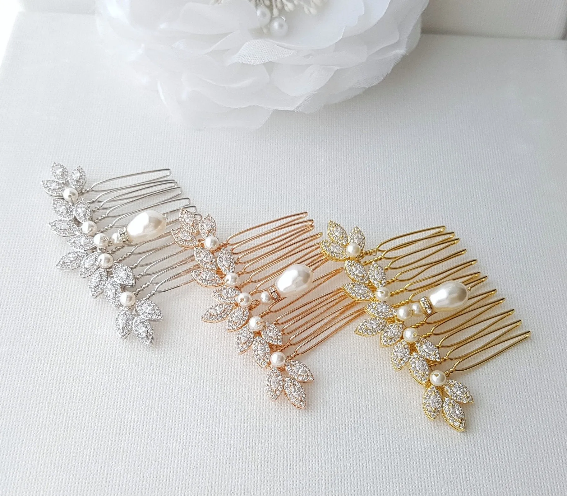 Gold Hair Comb for Weddings with Pearl & Crystals-Abby