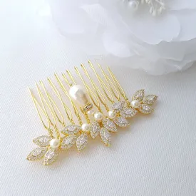 Gold Hair Comb for Weddings with Pearl & Crystals-Abby