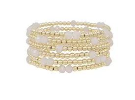 Gold Water Resistant and Pink Glass Crystal Set of 6 Stretch Bracelet