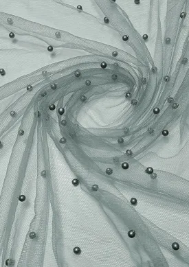 Grey 60" Net Fashion Studded Pearl Beaded Bridal Fabric Decoration/craft/dress/scarf