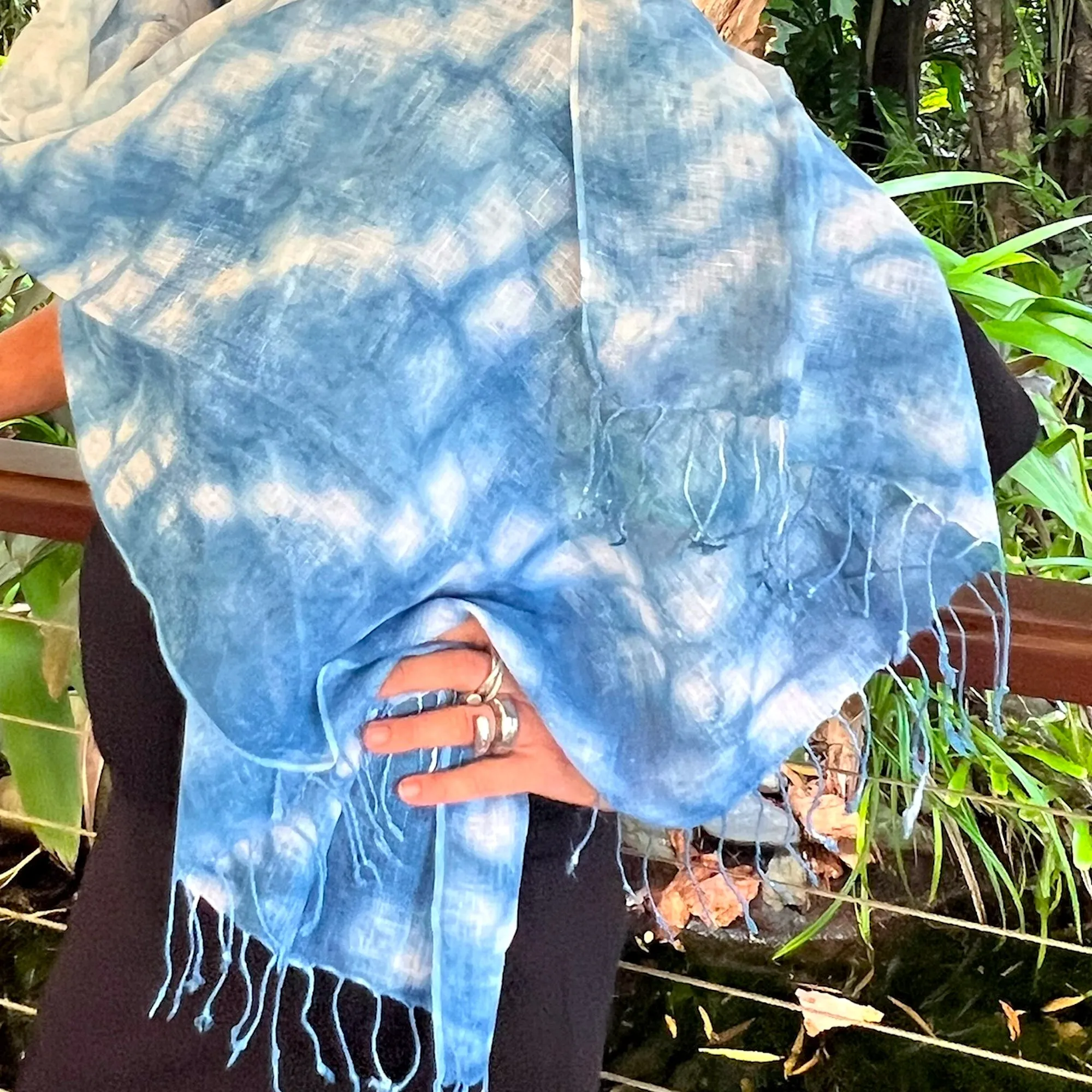 Hand loomed indigo linen scarf with tassels