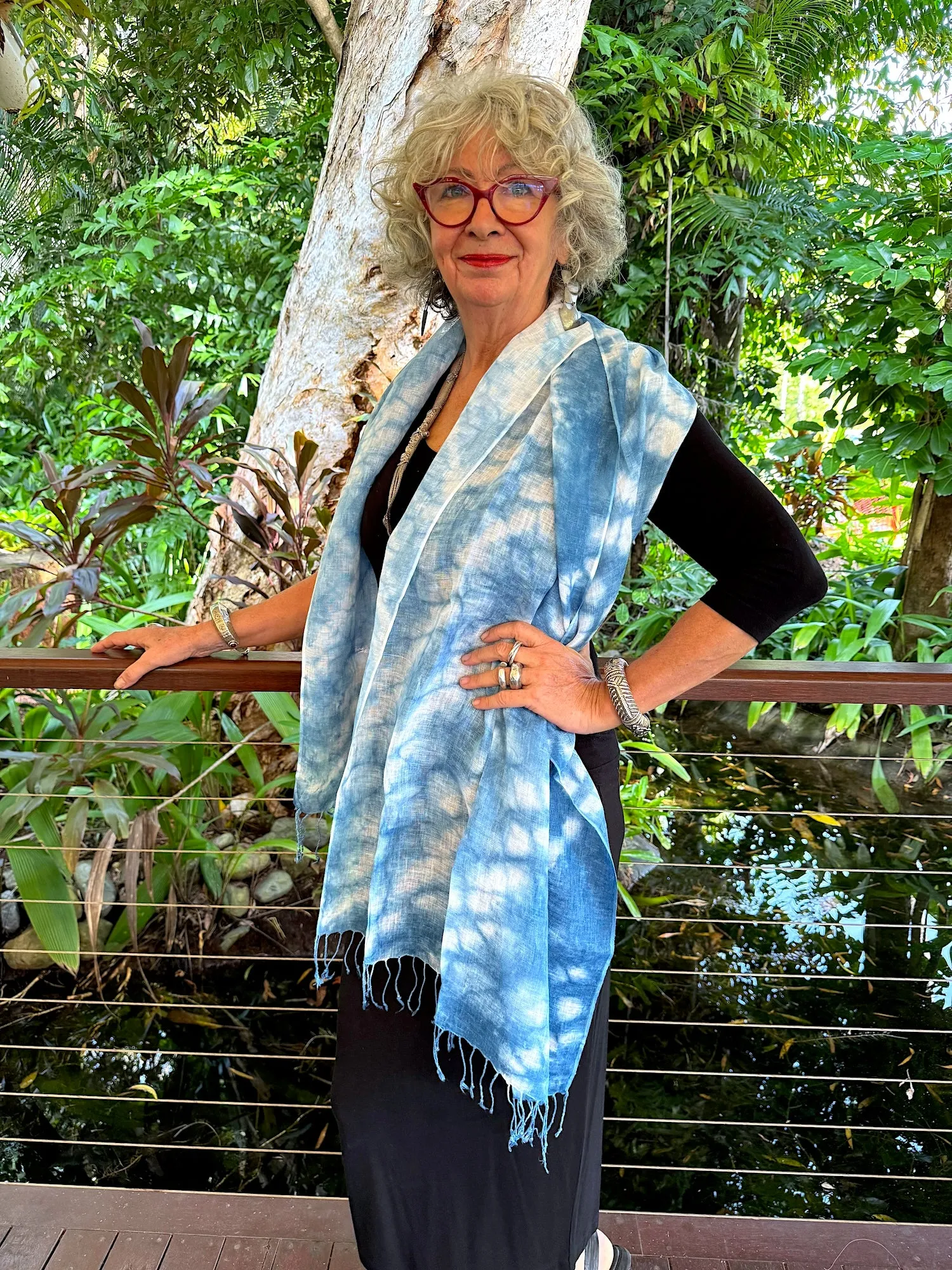 Hand loomed indigo linen scarf with tassels