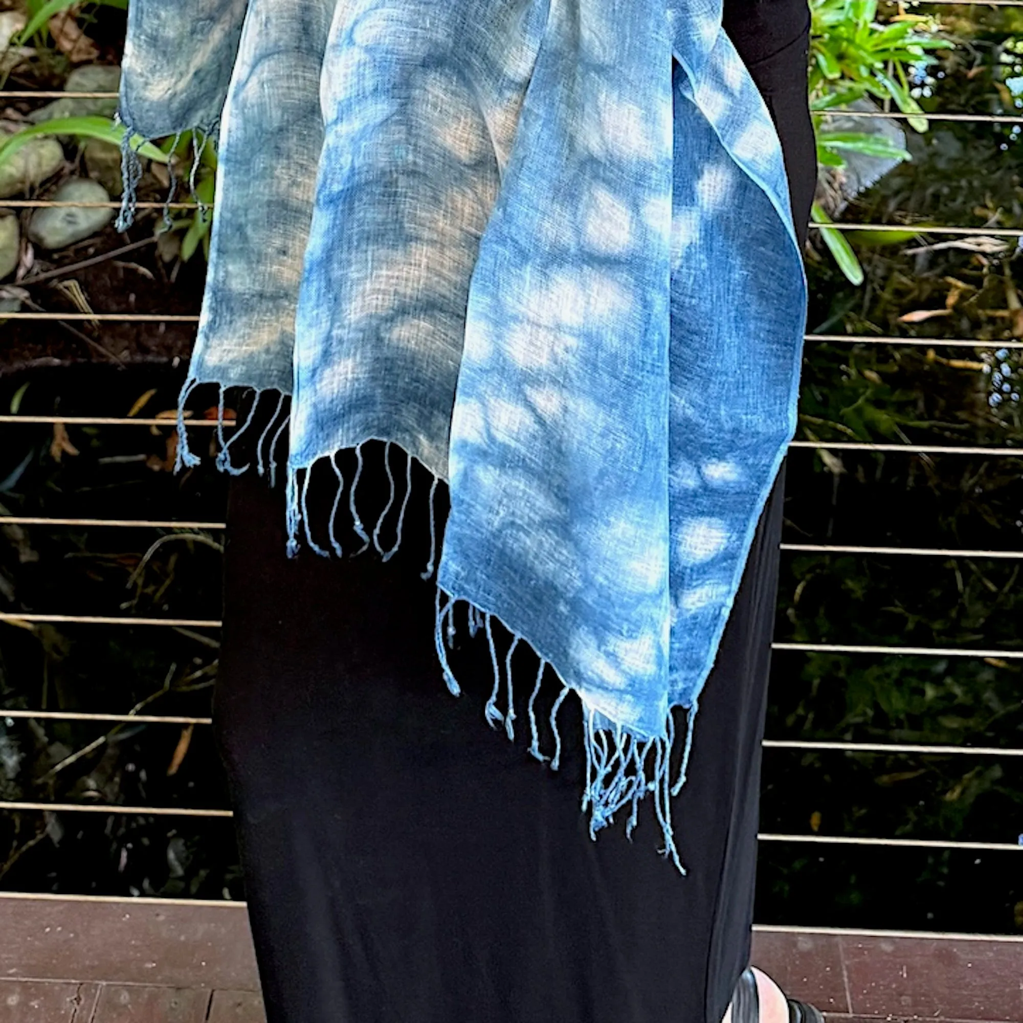 Hand loomed indigo linen scarf with tassels