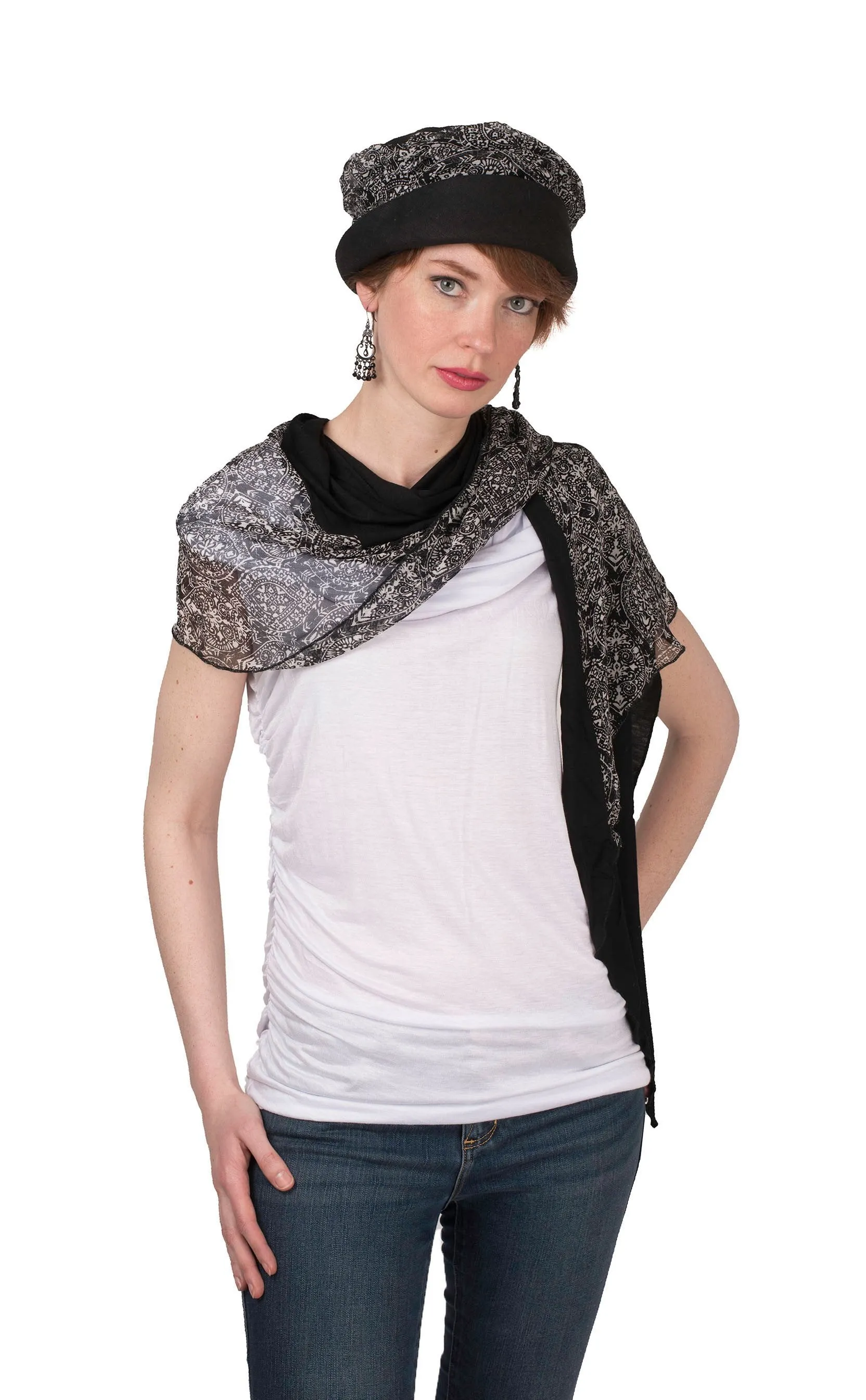 Handkerchief Scarf - Black & White Paisley with Abyss Jersey Knit