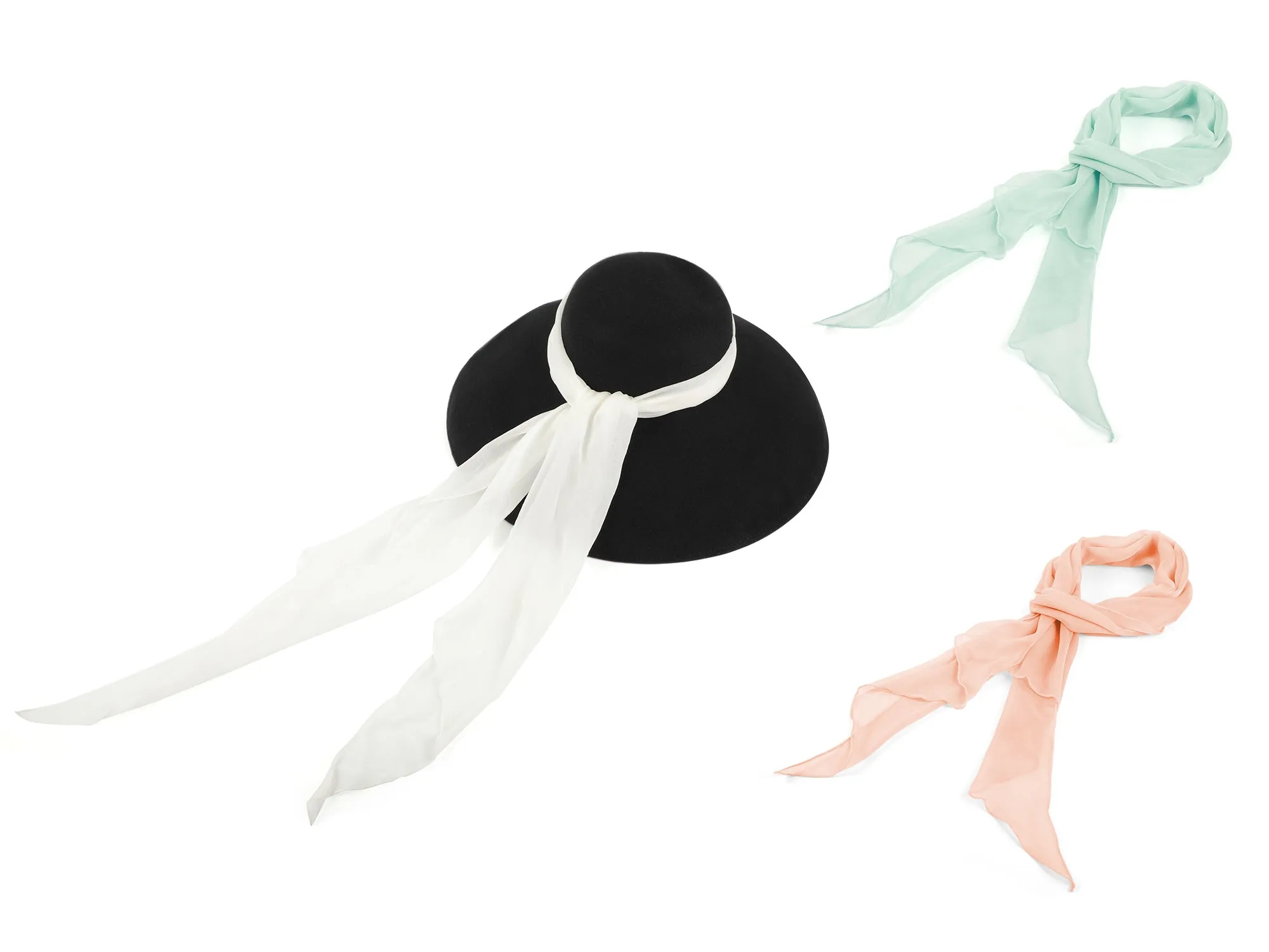 Holly -the Ultra Glamorous Oversized Wool Hat with three 100% Chiffon Silk Scarves Bundle Set