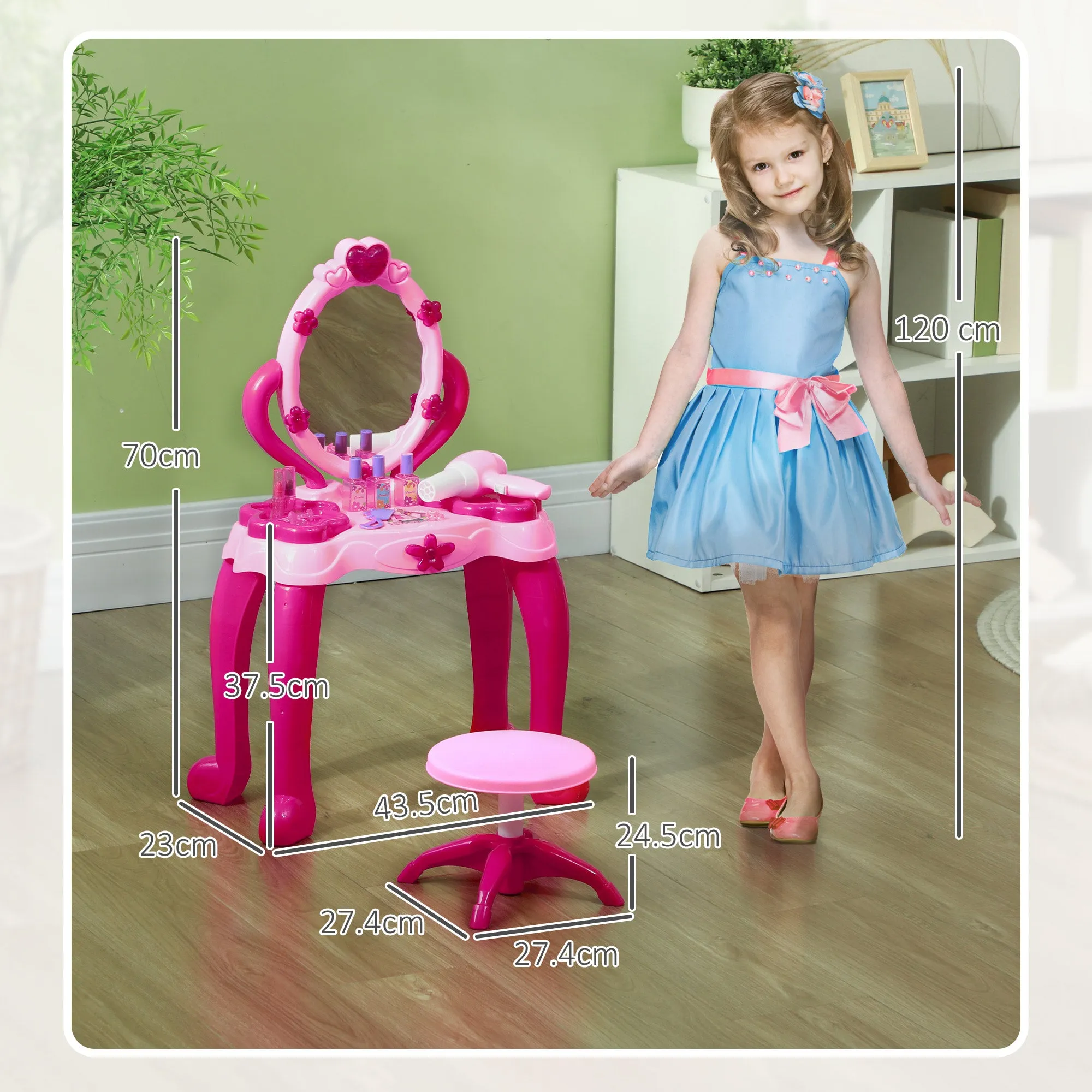 Kids Dressing Table with Mirror and Stool, Light, 15 Accessories