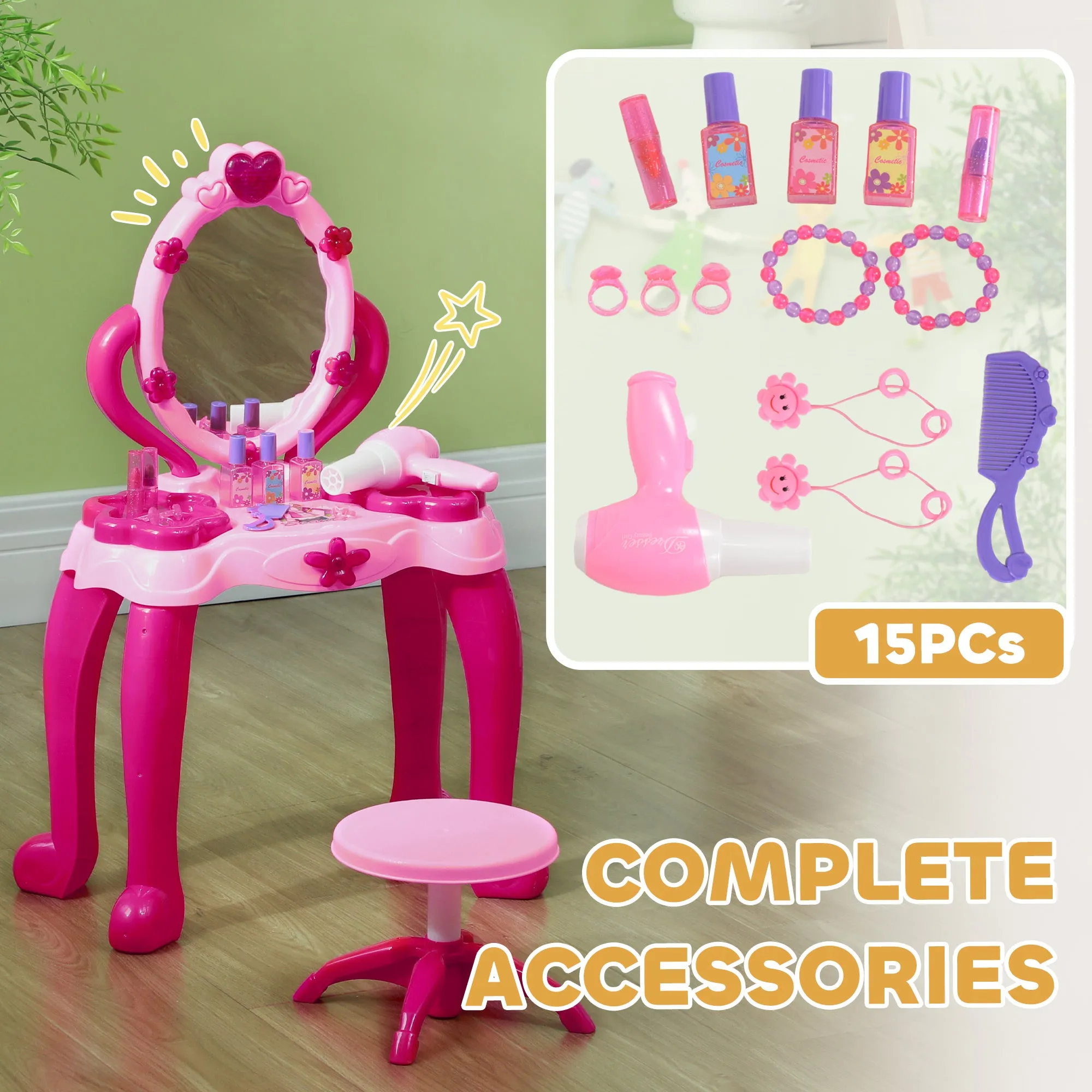 Kids Dressing Table with Mirror and Stool, Light, 15 Accessories