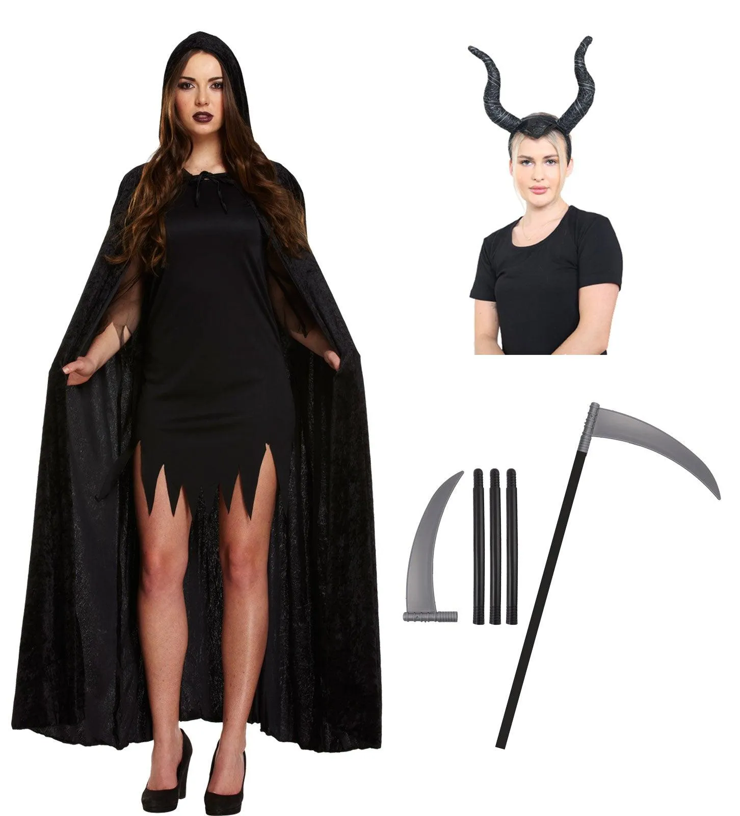 Labreeze Witch Costume Set | Velvet Cape, Horns Headband & Plastic Scythe