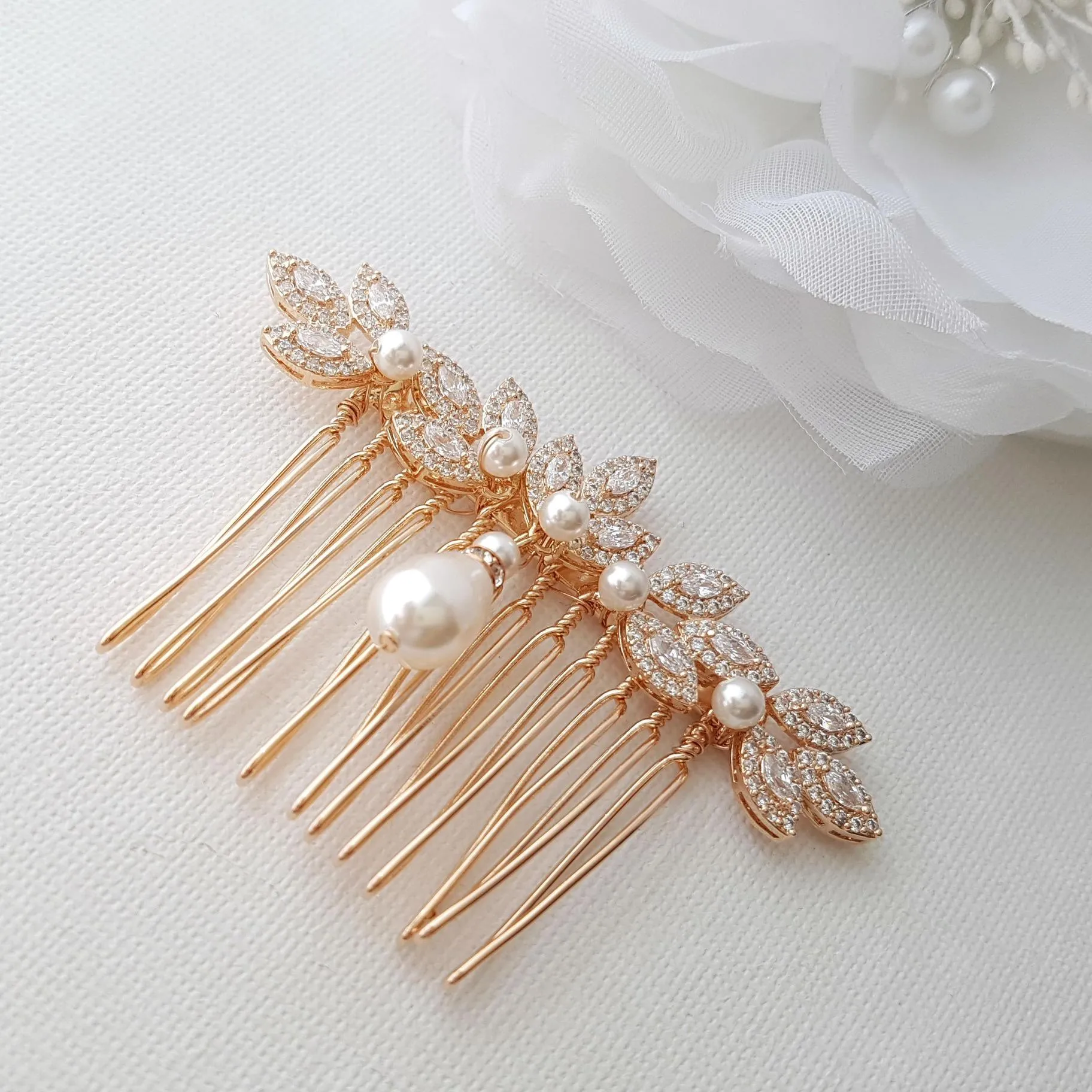 Leaf Design Rose Gold Pearl Wedding Hair Comb-Abby