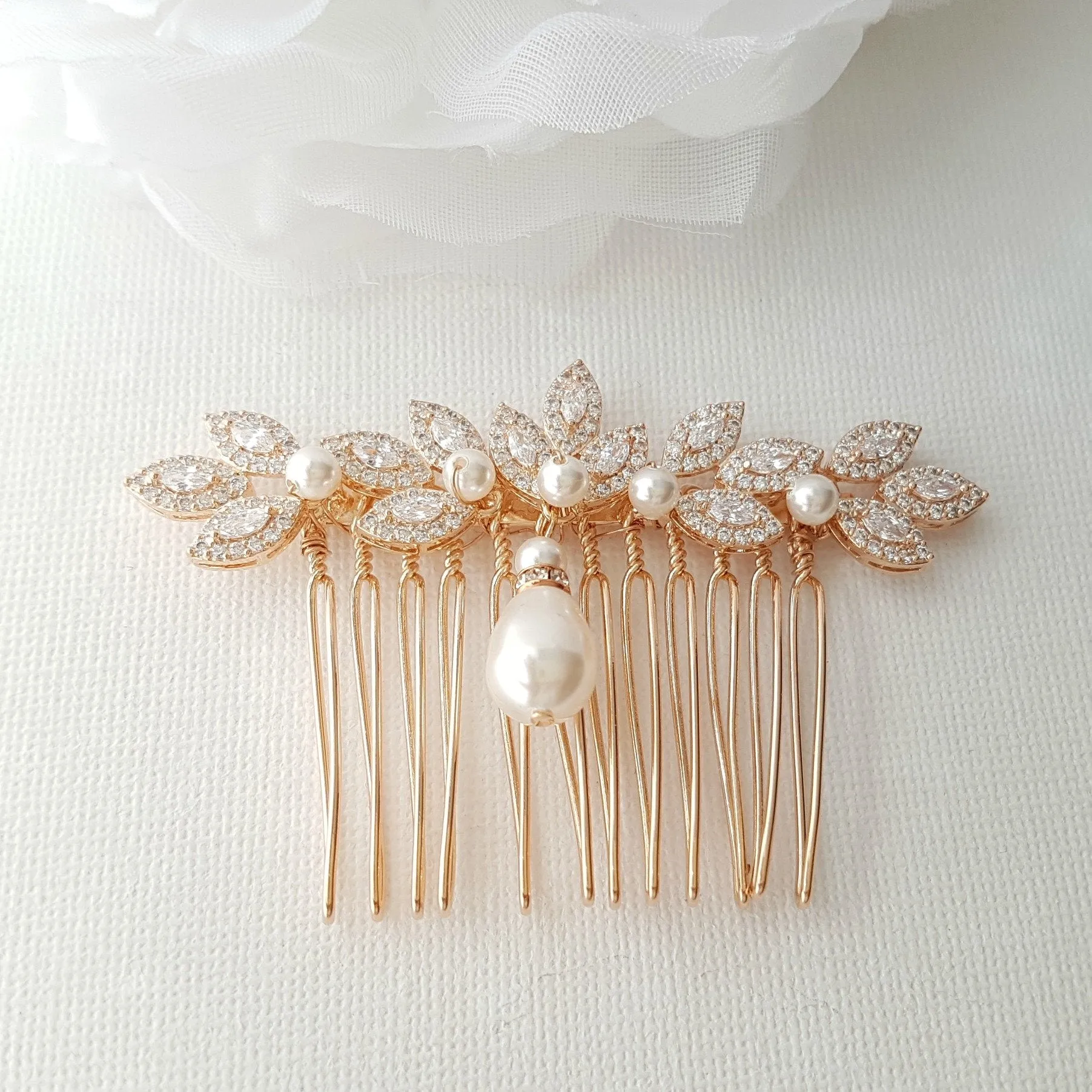 Leaf Design Rose Gold Pearl Wedding Hair Comb-Abby