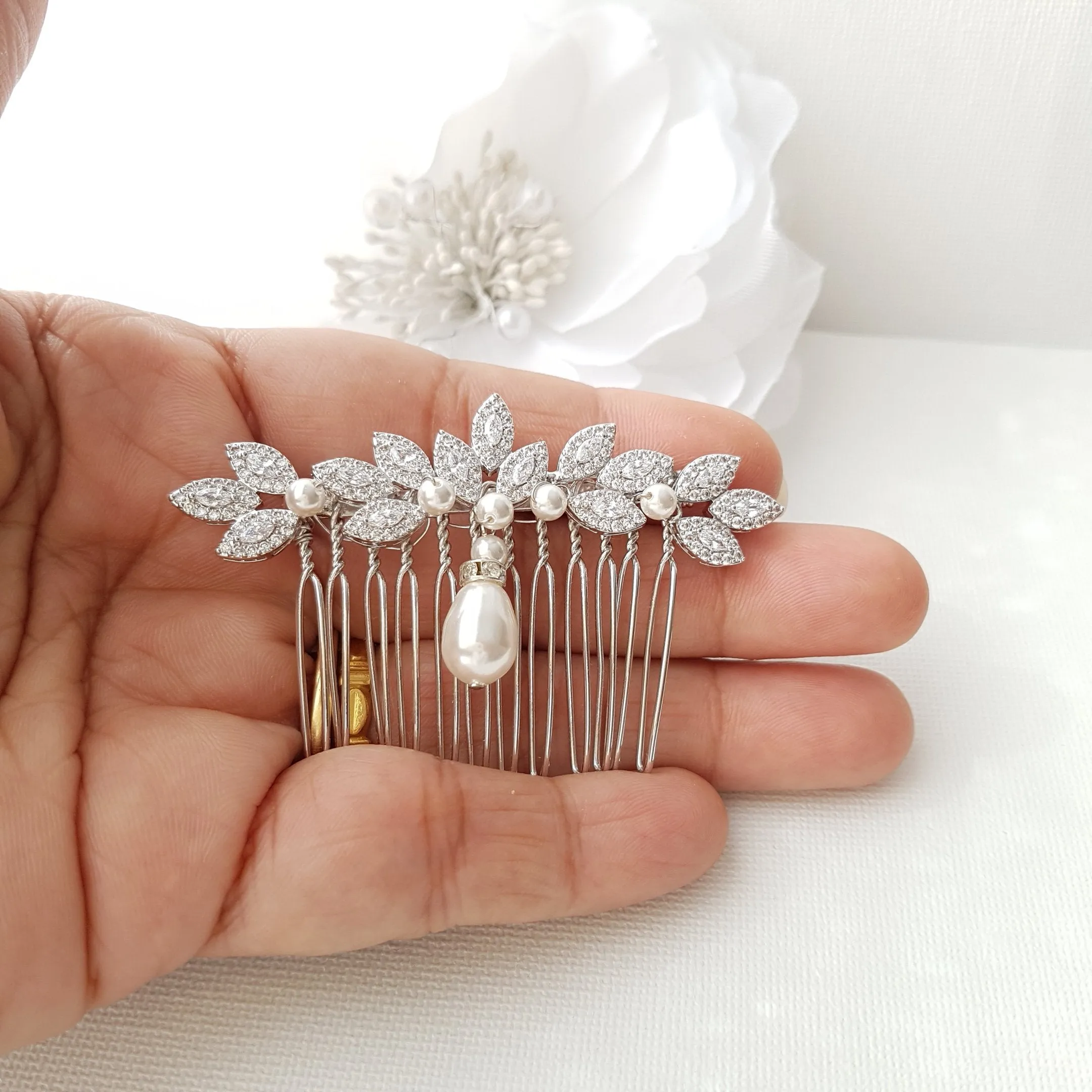 Leaf Design Rose Gold Pearl Wedding Hair Comb-Abby